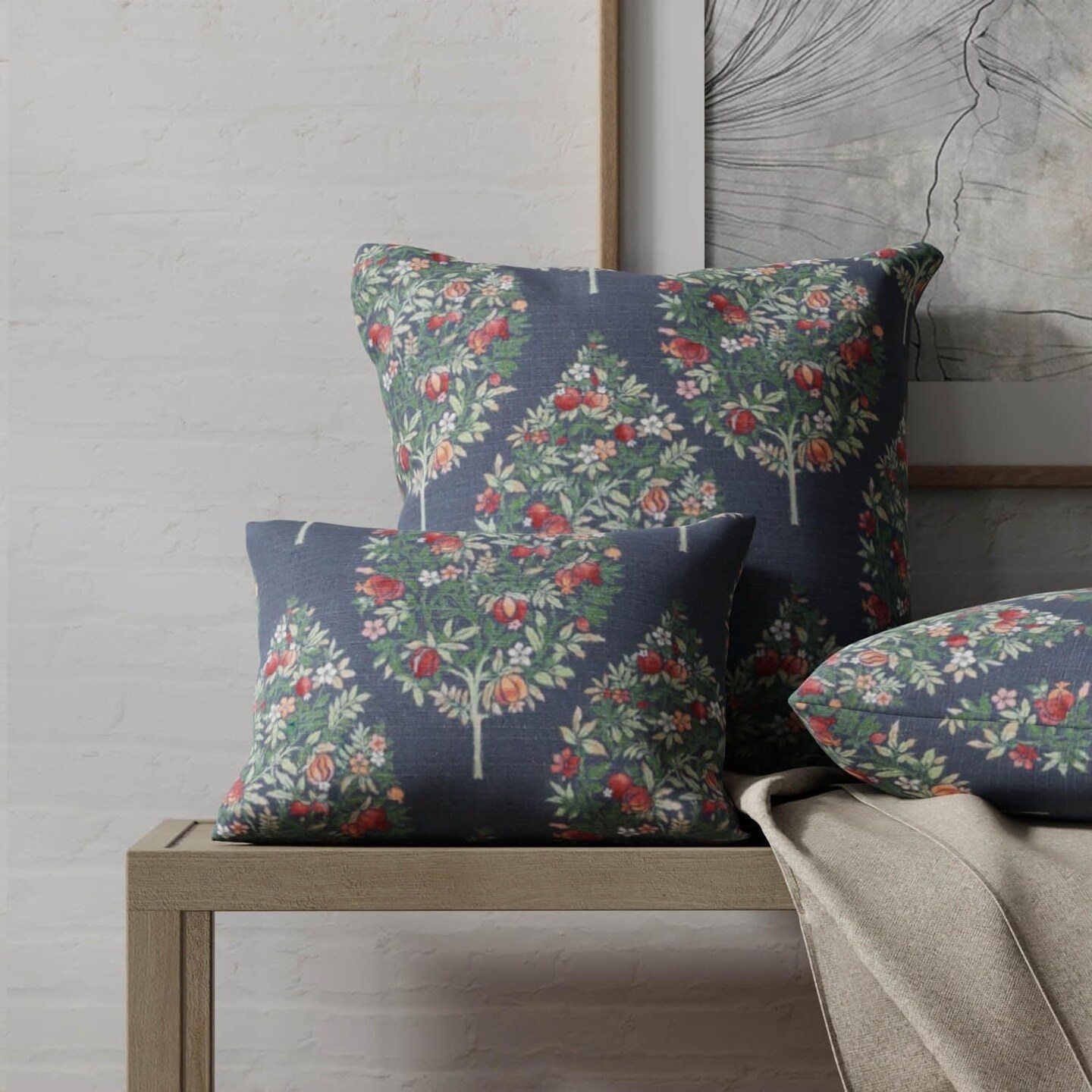 Blue Stain Resistant Performance Floral Print Upholstery Fabric by The Yard - SKU: Hayward Navy