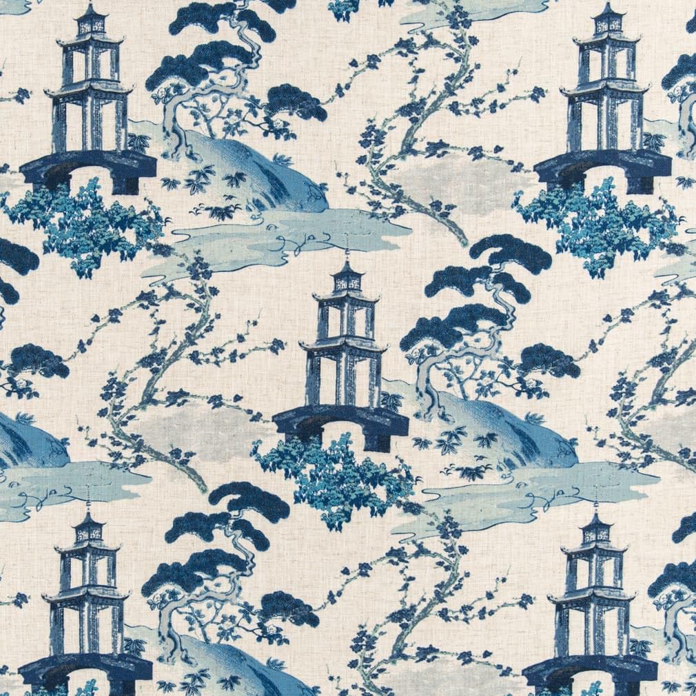 Blue Stain Resistant Performance Global Toile Novelty Print Upholstery Fabric by The Yard - SKU: Linford Sapphire