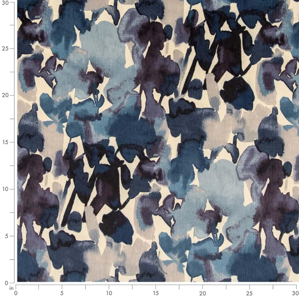 Blue Abstract Floral Print Velvet Upholstery Fabric by The Yard - SKU: Williams Deep Sea
