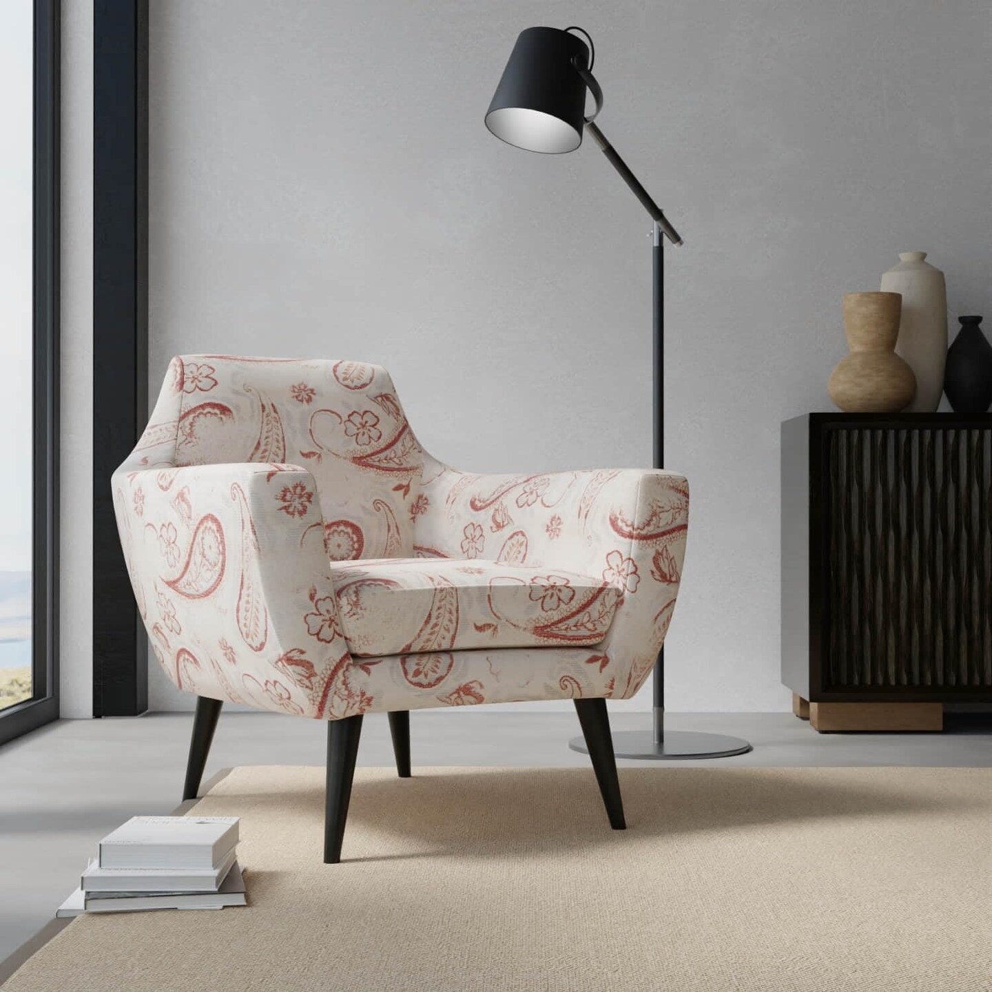 Red Floral Paisley Woven Pattern Upholstery Fabric by The Yard - SKU: Penny Ruby