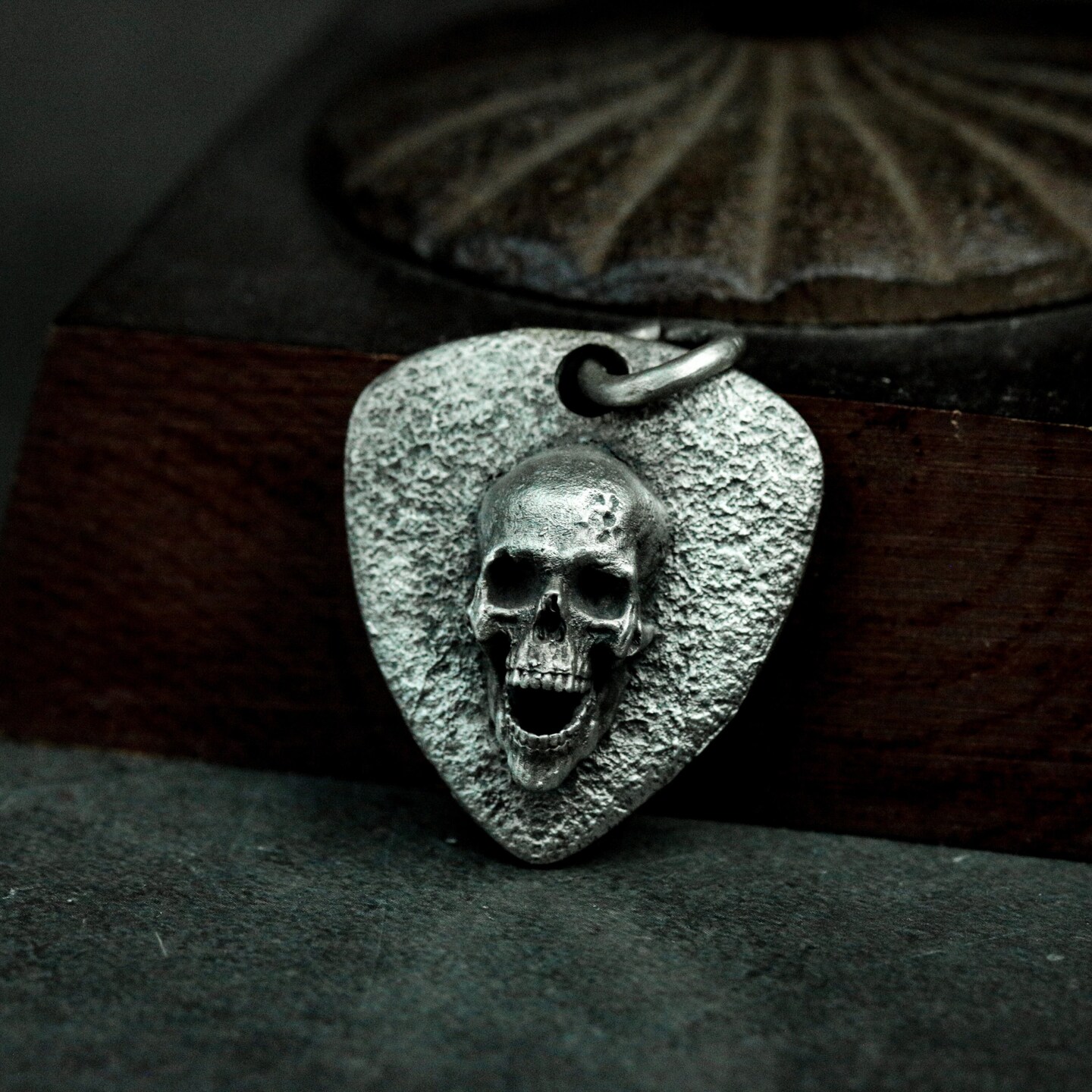 Skull Guitar Pick Pendant: 925 Sterling Silver Rocker Necklace