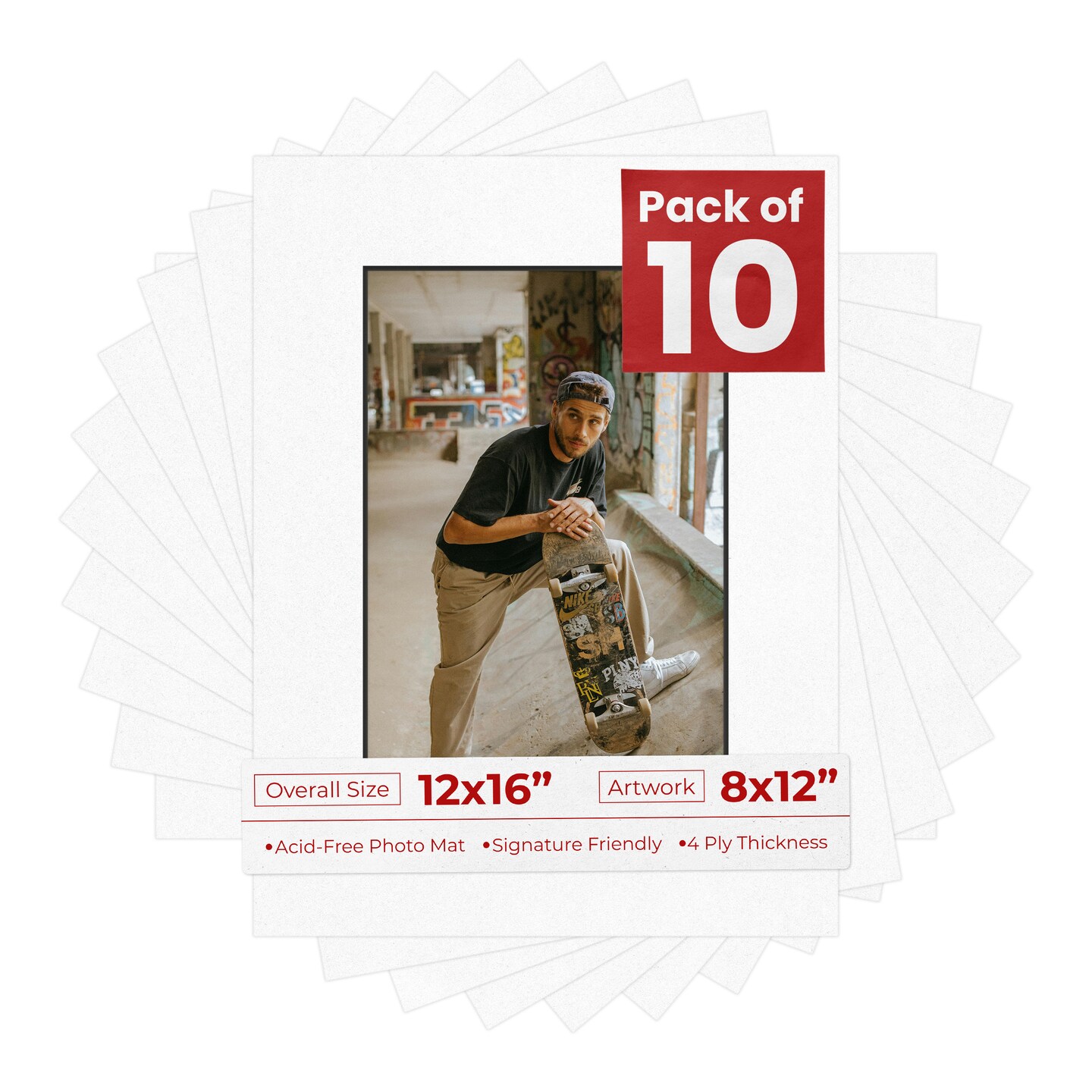 White with Black Core Mat Board for 12x16 Frames - Fits 8x12 Photos