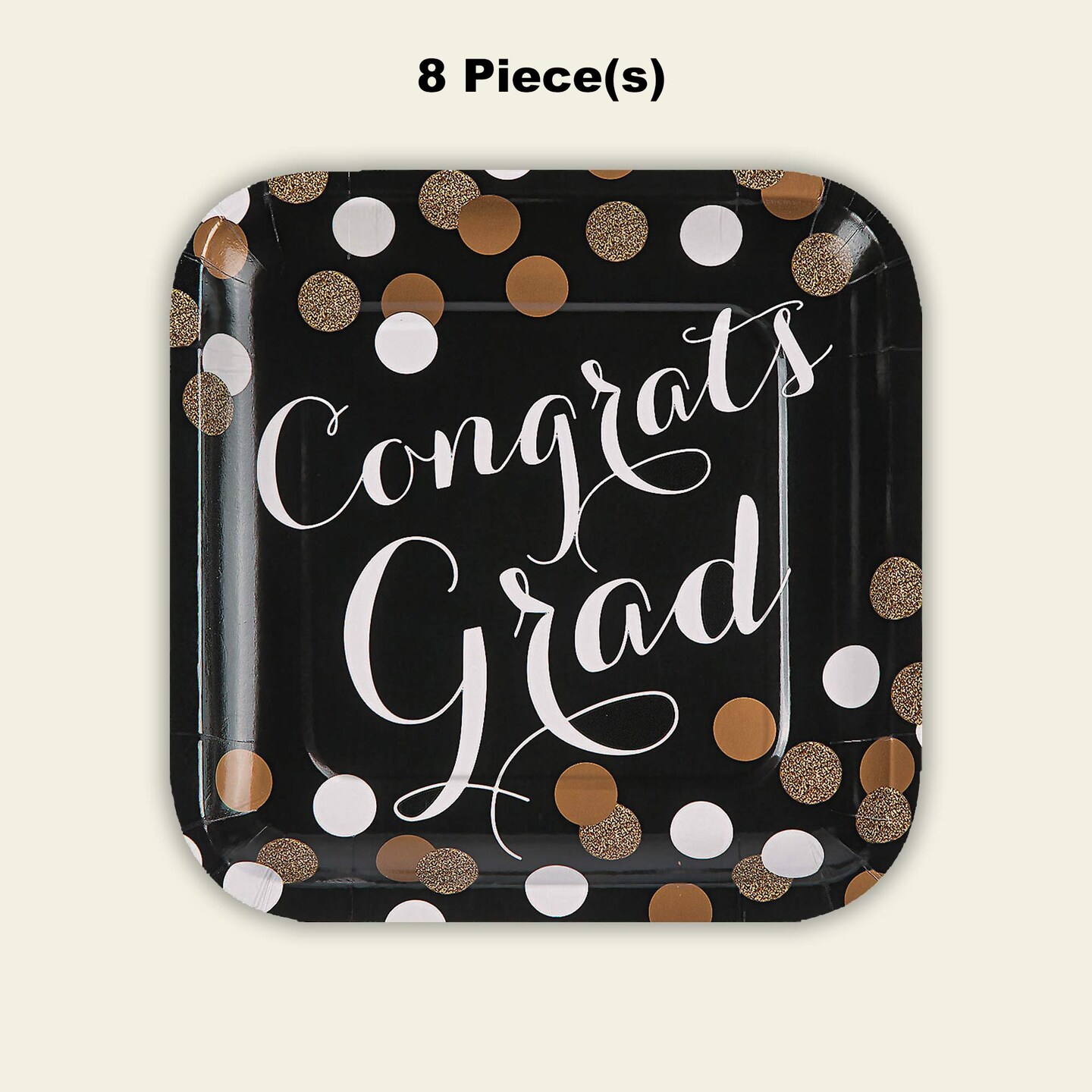 8 Count Black and Gold Congrats Graduation Party Square Paper Dinner Plates 9 1/4 Inch