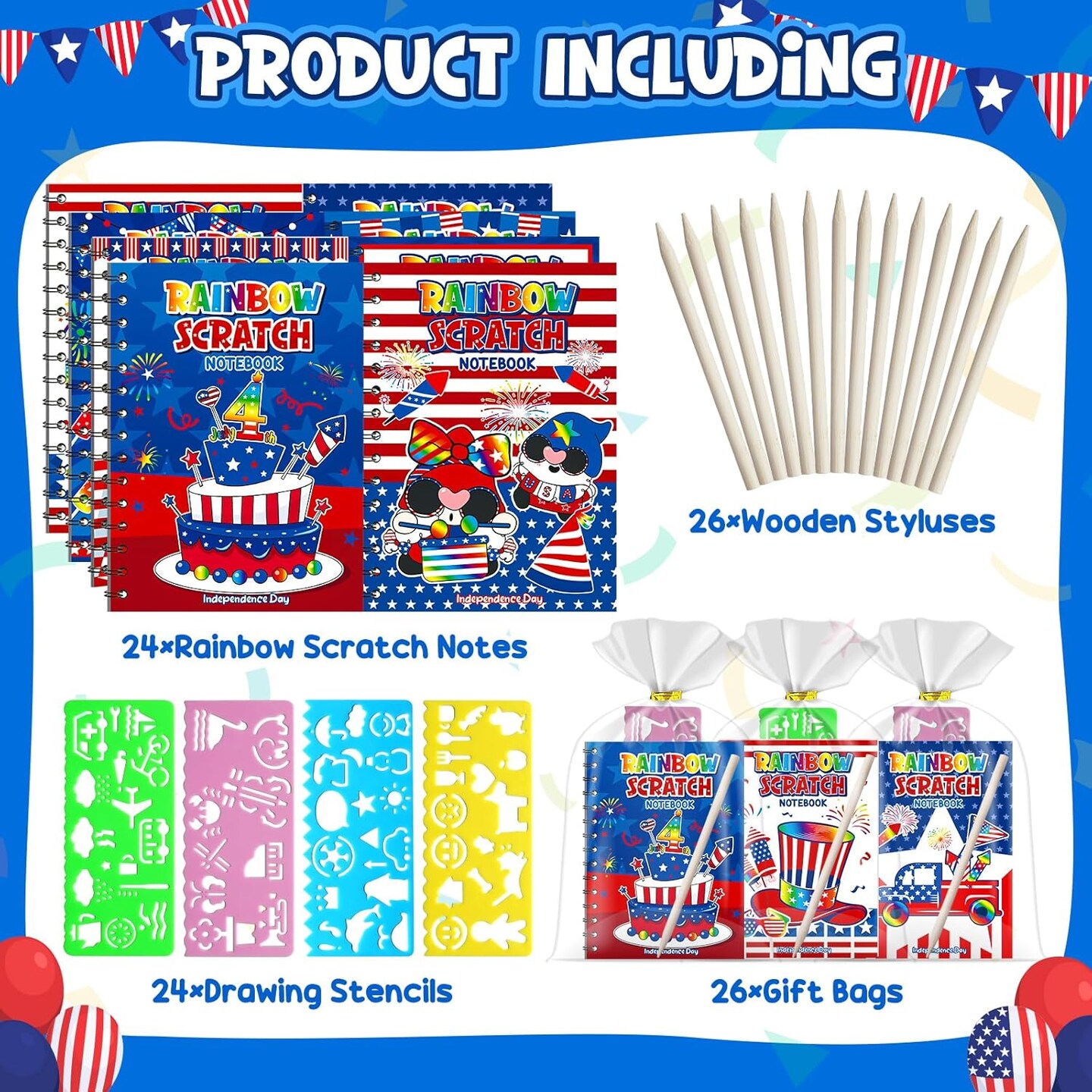 24 Pack 4th of July Rainbow Scratch Art Notebook Party Favors