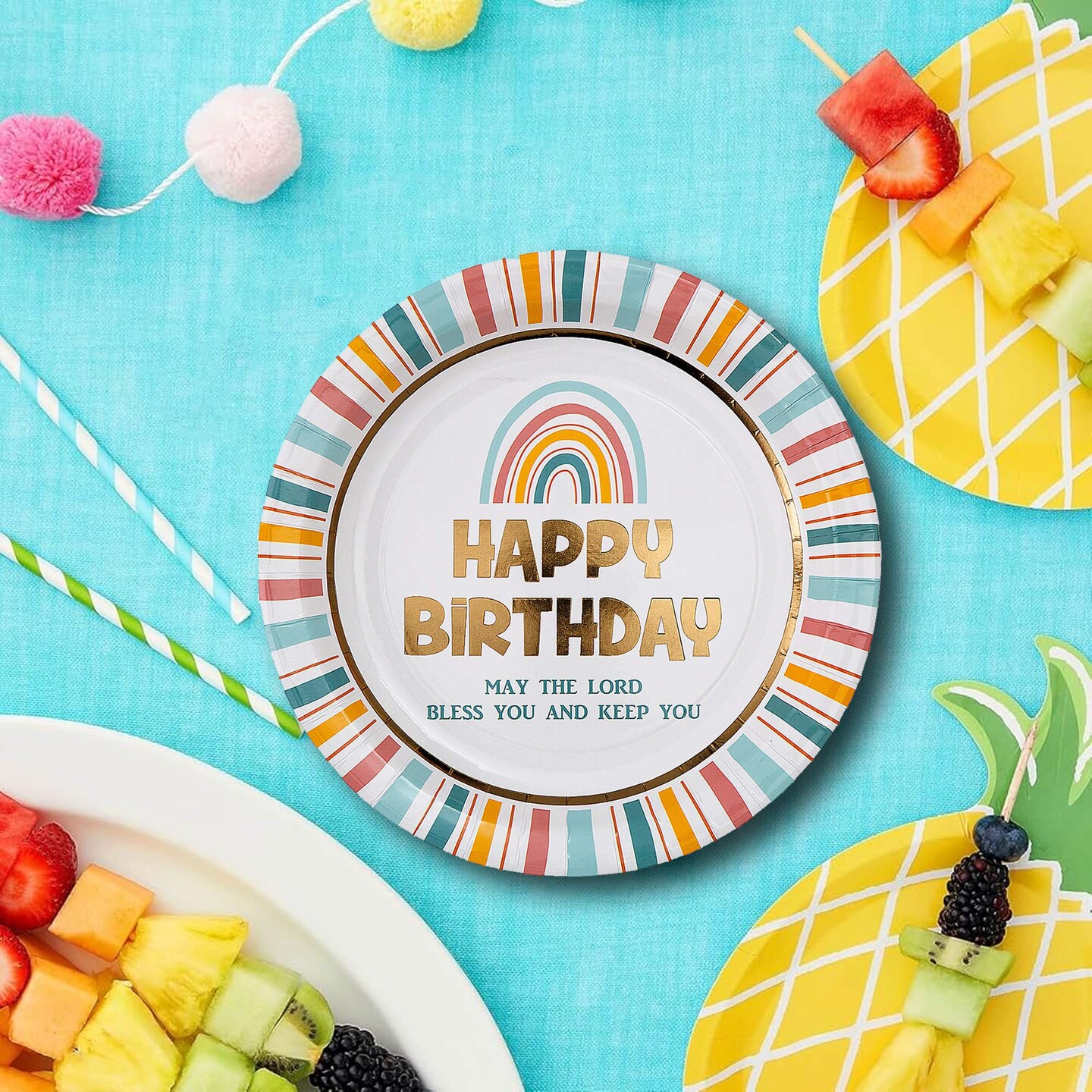 8 Count Religious Happy Birthday Rainbow Paper Dinner Plates 9.5&#x22; Faith-Inspired Disposable Plates