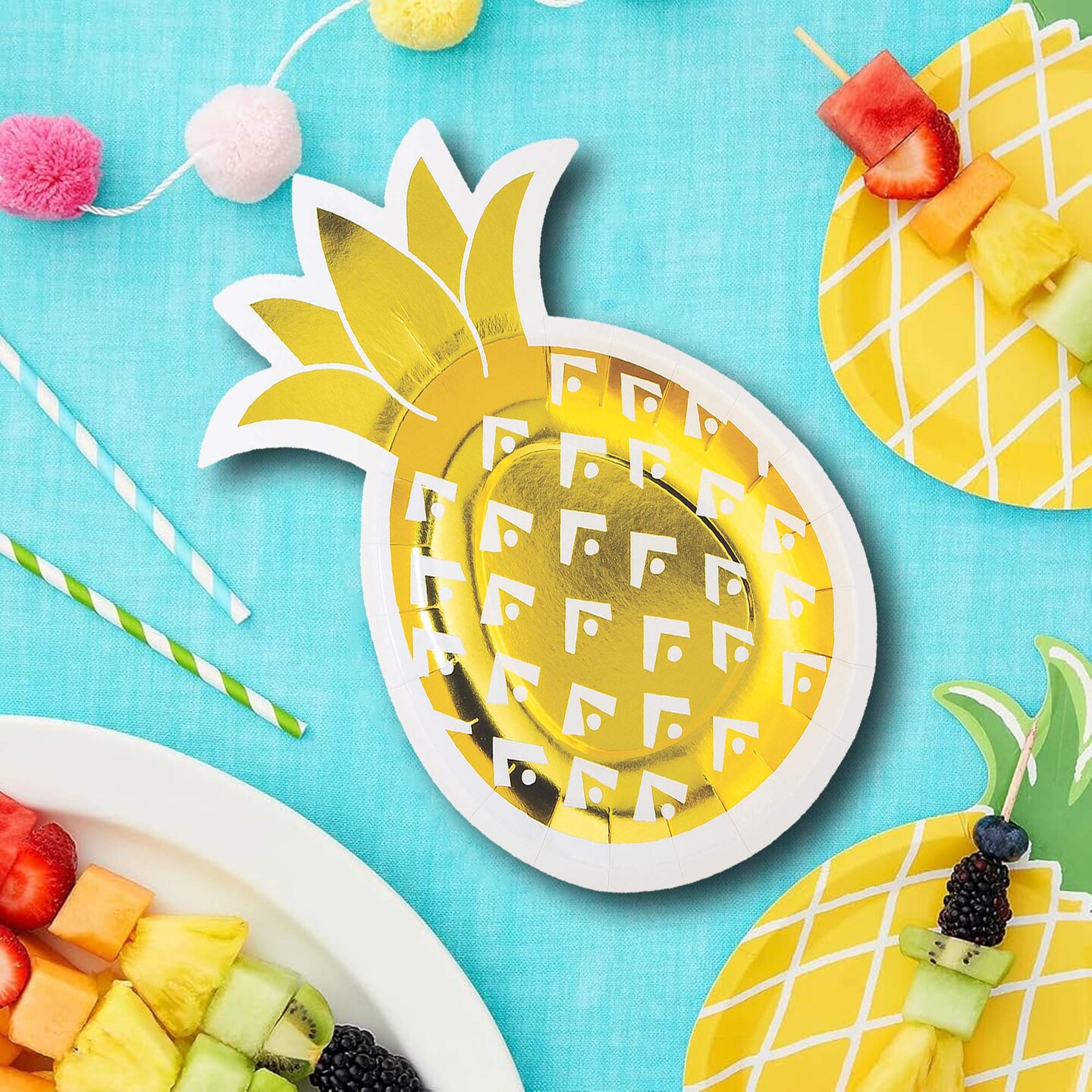 8 Count Gold Foil Pineapple-Shaped Paper Dessert Plates 6.5" x 10" Tropical Party Disposable Plates