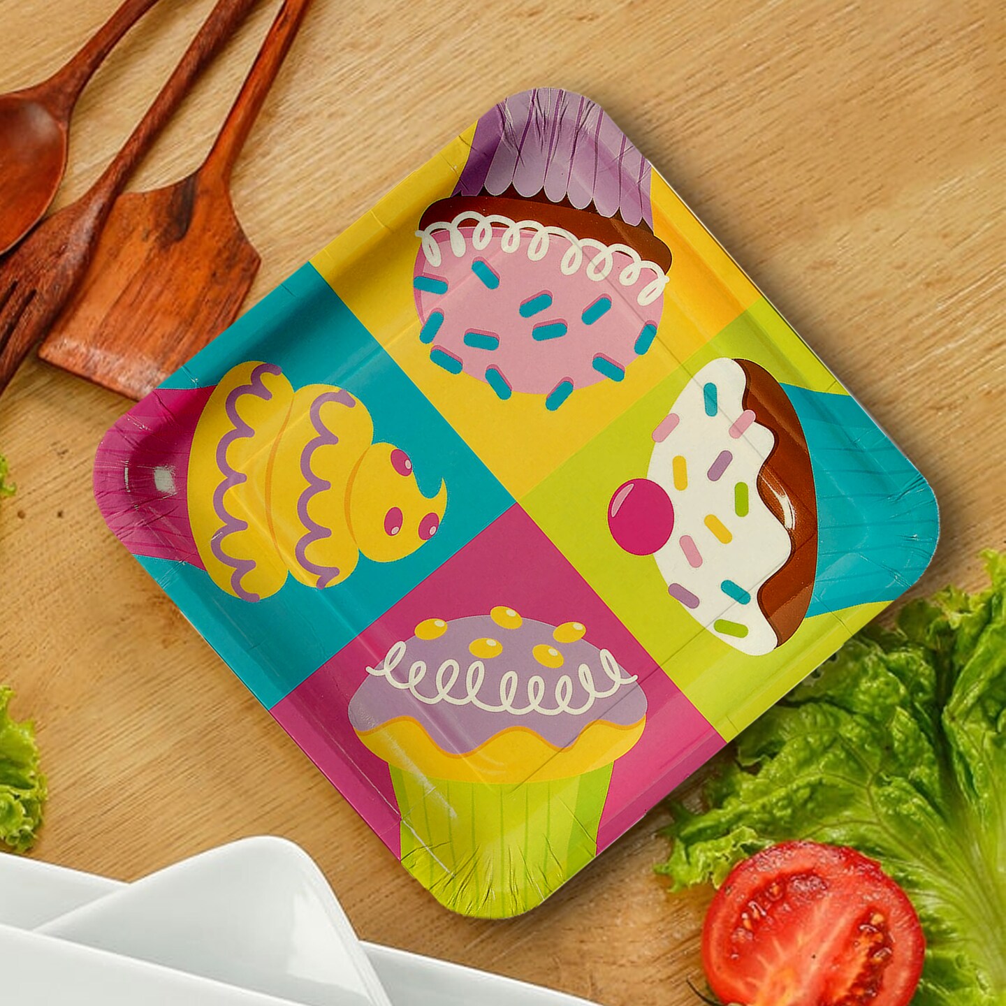 8 Count Pastel Cupcake Party Square Paper Dinner Plates 9" Colorful Dessert-Themed Tableware