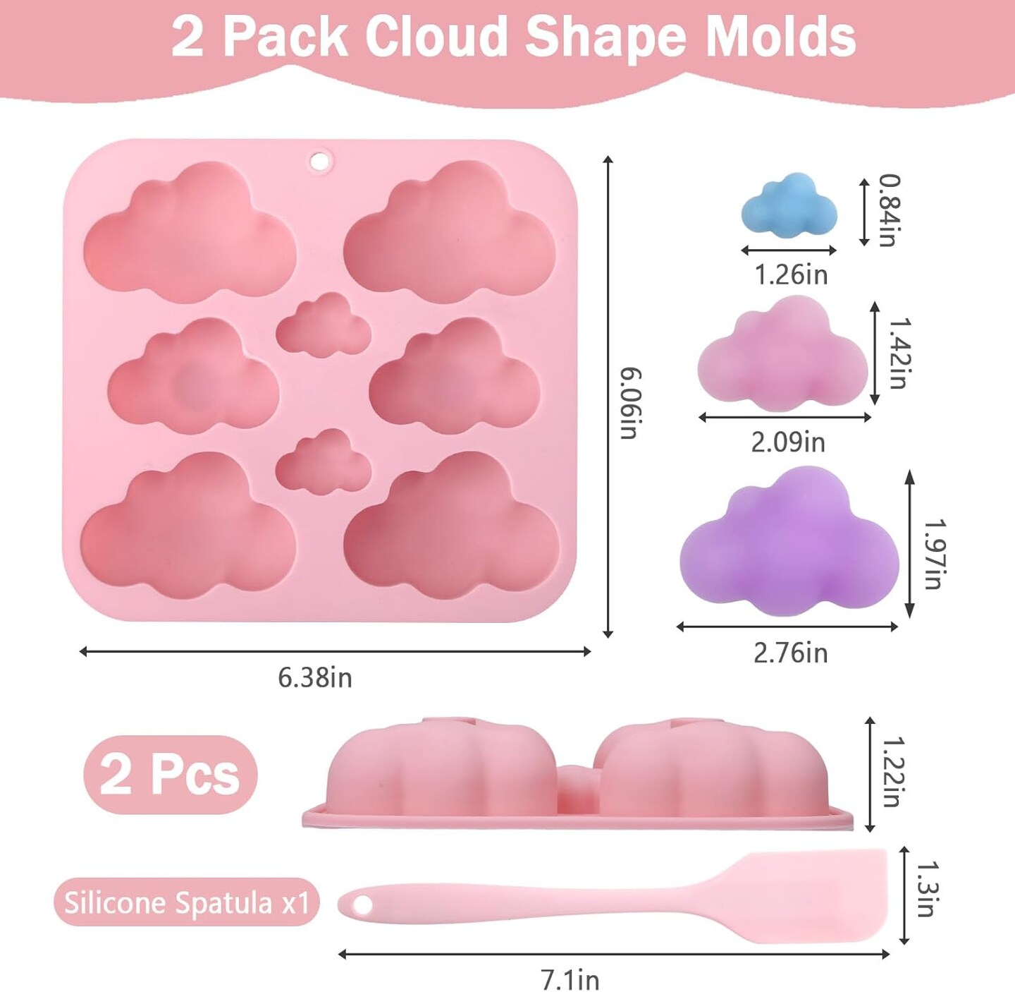 2 Pack Cloud Silicone Molds with Spatula – 3D Cute Cloud Shape Baking Molds for Chocolate, Candy, Fondant, Jelly, Ice Cubes, Soap Making & DIY Baking Decorations