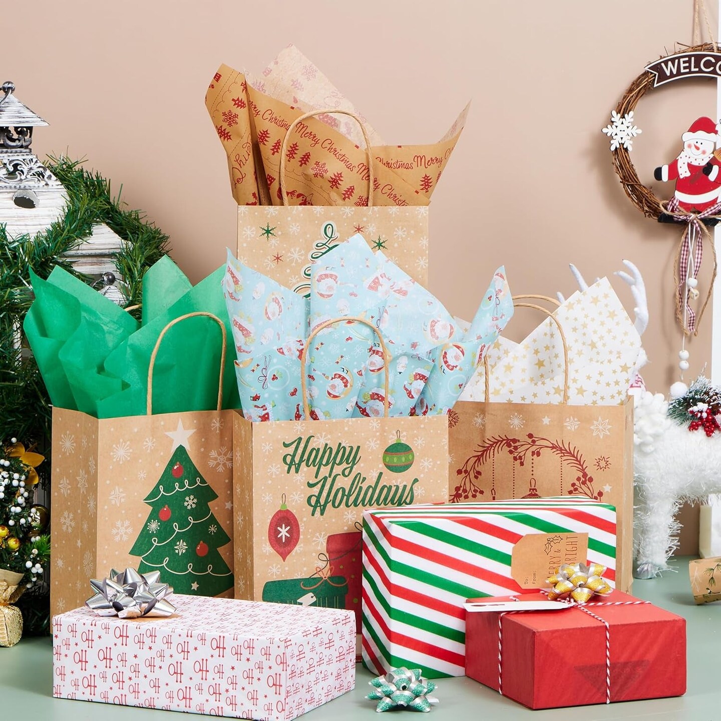 150 Sheets Christmas Tissue Paper Assorted Design; Easy and Fast Gift Wrapping Accessory Perfect for Present Boxes, Xmas Gift Wrapping Bags and Wine Bottles