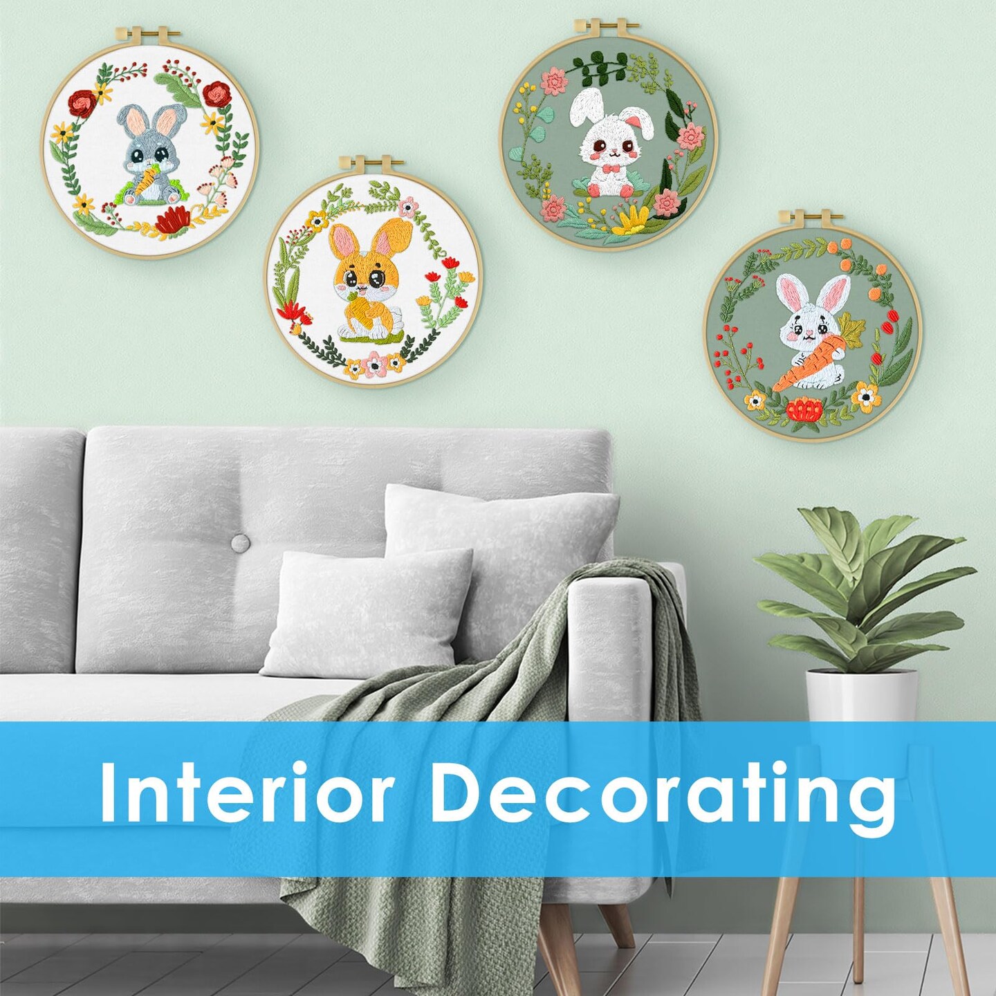 4 Sets Embroidery Kit, Animal Cross Stitch Set for Include Embroidery Cloth Hoops Threads for Craft Lover Hand Stitch (Rabbit)