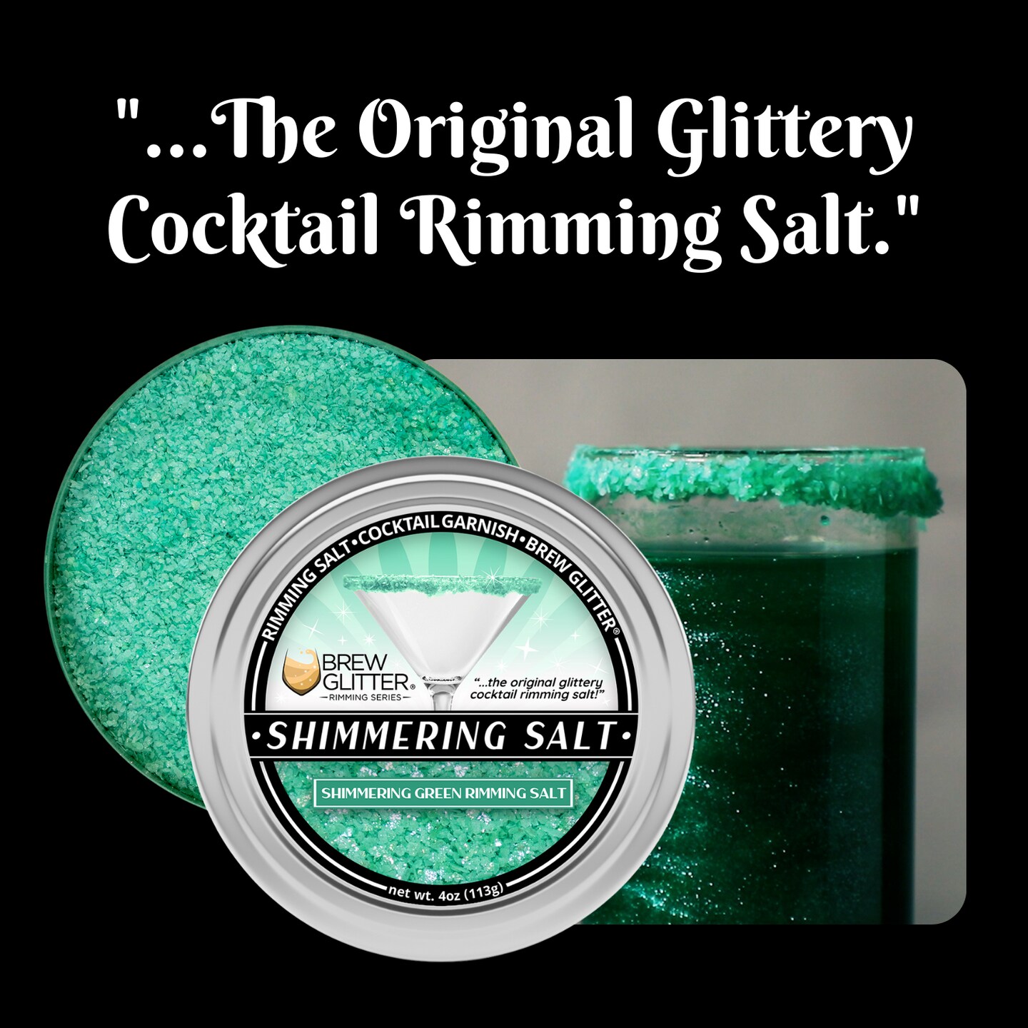 Brew Glitter - Shimmering Green Rimming Salt (4oz, 1x Bar Tin) Edible Glitter Blended Cocktail Garnish for Mixed Drinks and Beverages