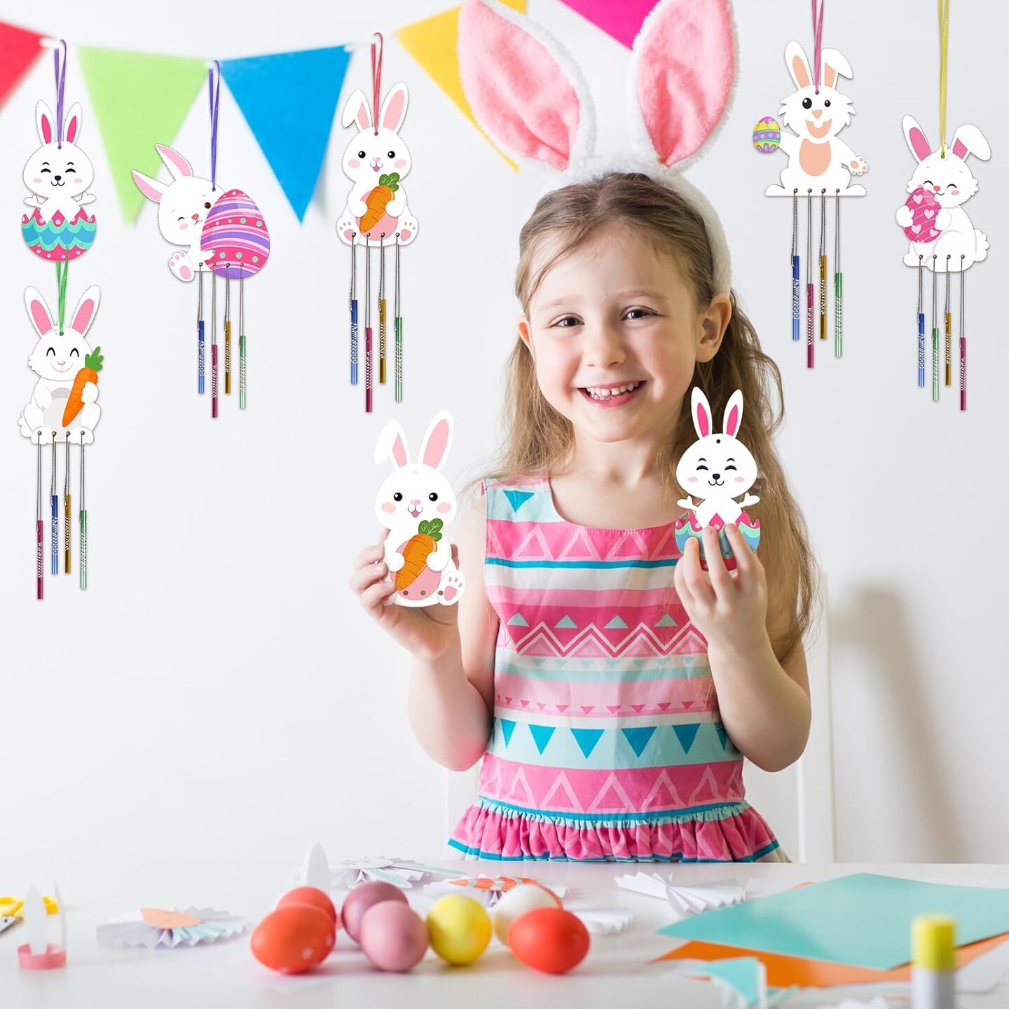 24 Pack Bunny Wind Chime Kit for Kids Make You Own Easter Rabbit Wind Chimes DIY