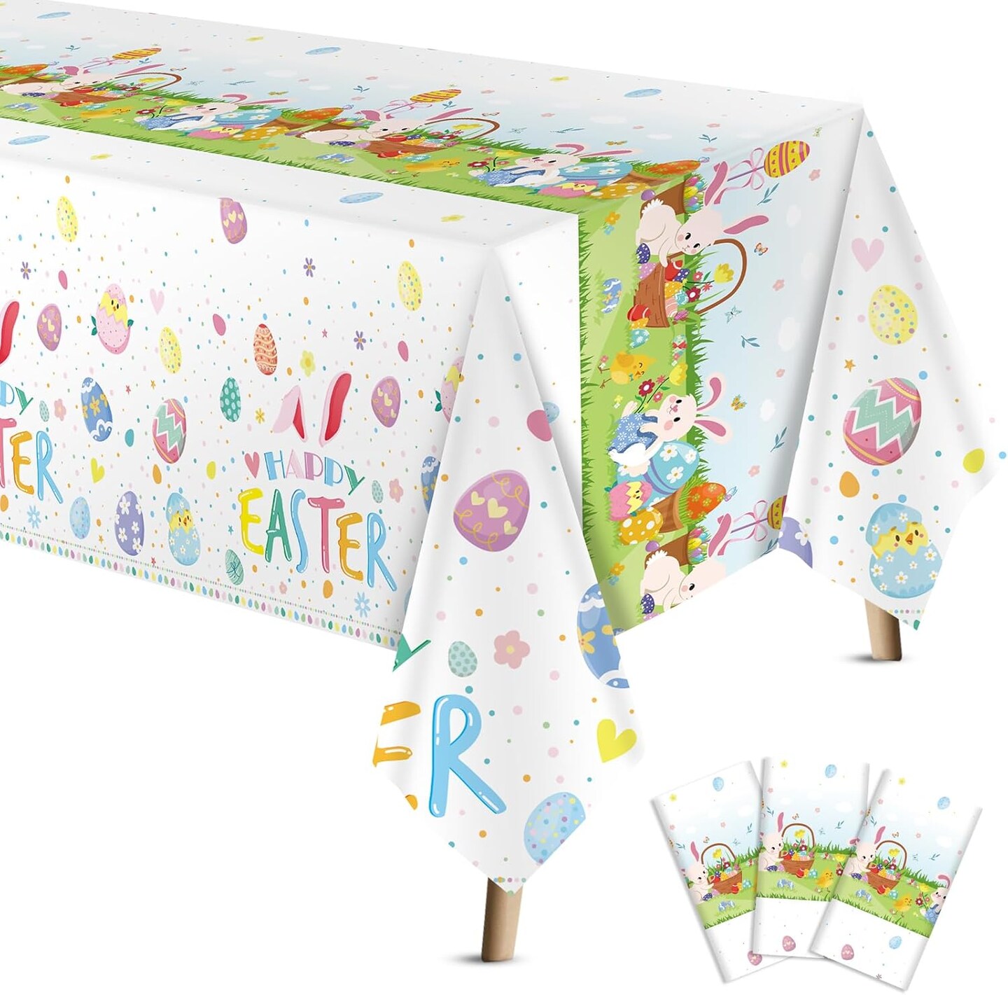 3 Pcs Easter Tablecloth 54 x 108 Inch Spring Easter Table Cover Disposable Plastic Tablecloths Rectangle Table Cloth for Indoor Outdoor Birthday Baby Shower Party Supplies(Bunny, Egg)