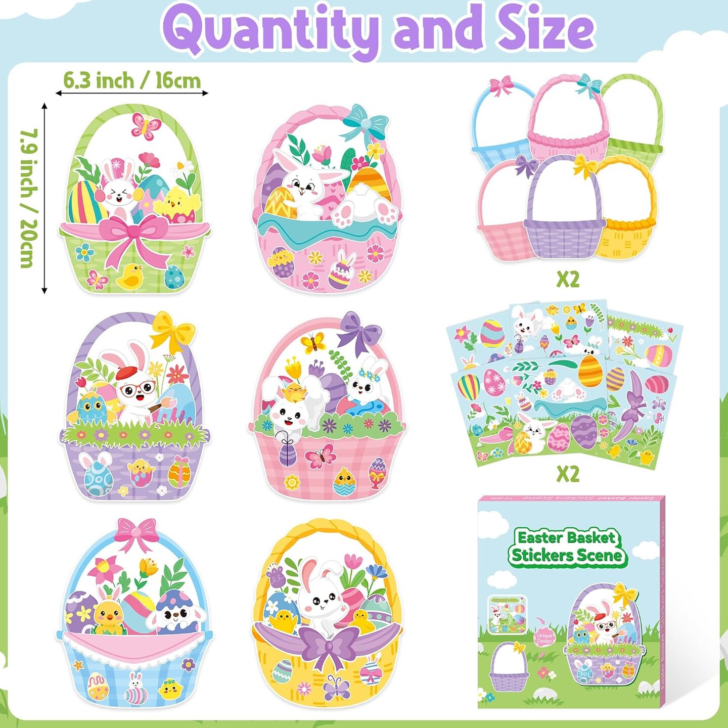 Easter Basket Scene Stickers - 12 Sets of Easter Theme Basket Stuffers Art Craft Kit