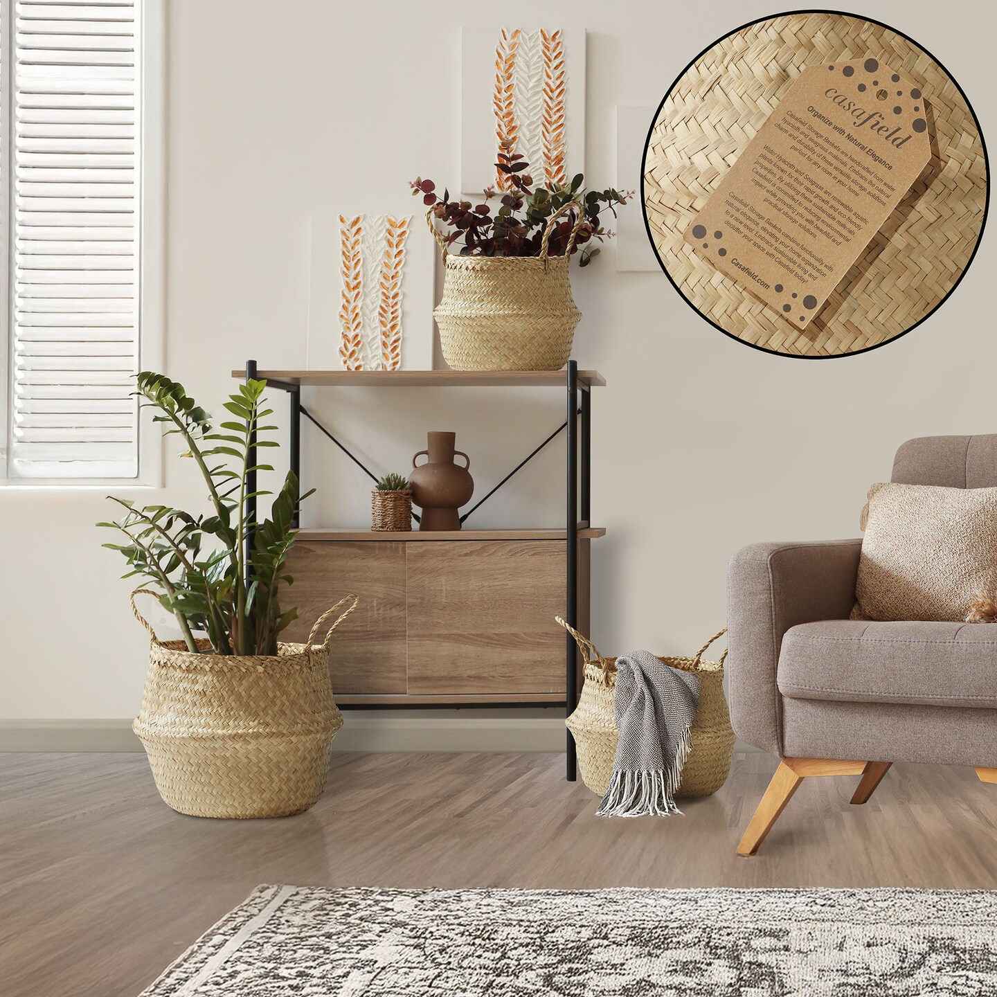 Casafield Seagrass Belly Baskets with Handles, Natural Woven Storage Basket Planters, Round Folding Bins for Home Decor, Indoor Plant Pot Covers
