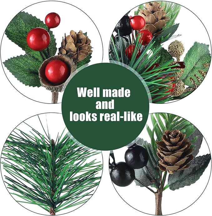 Picks Pine Cones Holly Berries Flower Stem Needles Branches Fake Greenery Floral Picks for Xmas Tree Crafts Party Festive Home Decor