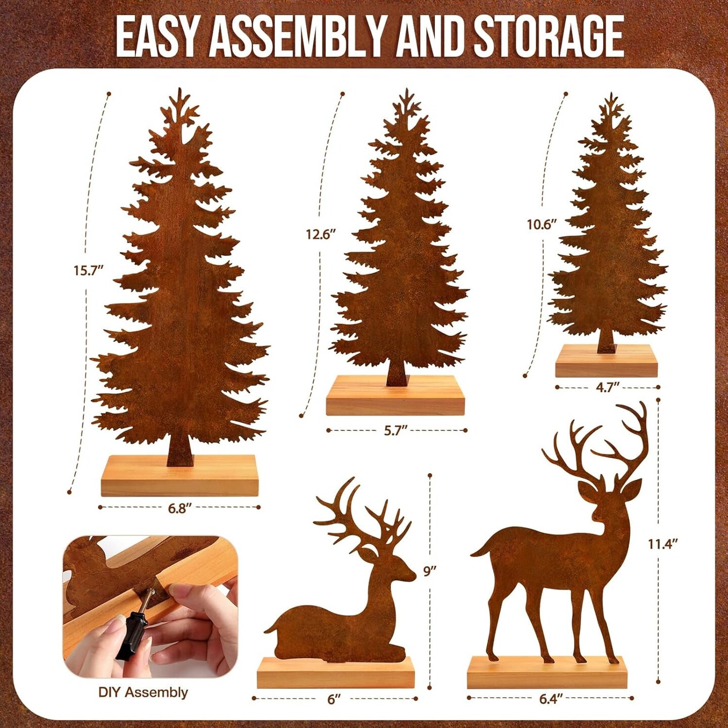 Set of 5 Metal Christmas Pine Tree and Elk Tabletop Decor, Rusty Steel Vintage Evergreen Tree Table Centerpieces - Farmhouse Xmas Holiday Decoration for Room Fireplace Shelf