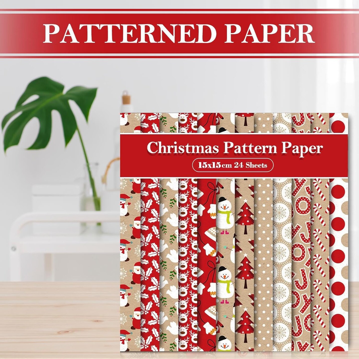 24 Sheets Christmas Pattern Paper Santa Reindeer Snowman Scrapbook Specialty Paper Double Sided Kraft Red Craft Paper For Xmas DIY Card Making Photo Album Decor, 6 x 6 Inch