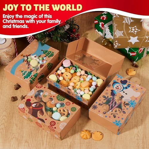 JOYIN 12 Foiled Kraft Christmas Cookie Boxes with Window 8.5&#x22; x 5.75&#x22; x 2.75&#x22;, Treat Boxes with 3 Designs for Pastries, Cupcakes, Brownies, Gift-Giving, Doughnut and Cookie, Brown Kraft Bakery Boxes