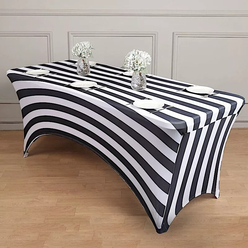 8 ft Black White Fitted Premium Spandex Tablecloth Striped Table Cover Party