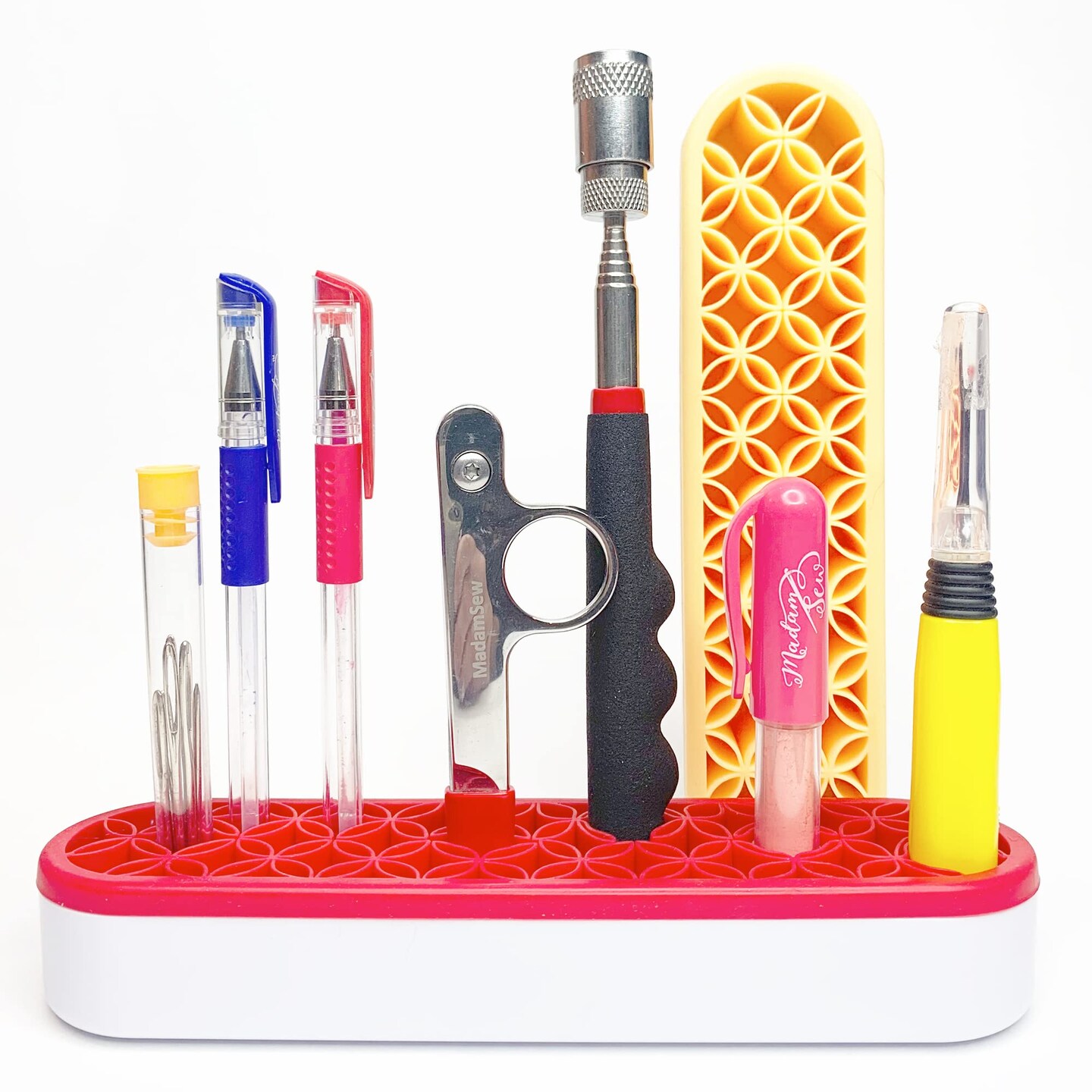 Madam Sew Upright Sewing Tools Caddy Desktop Organizer for Craft and Quilting Supplies Holds Scissors, Seam Rippers and Markers &#x2013; Tabletop Sewing Accessories Storage Organizer (Red)