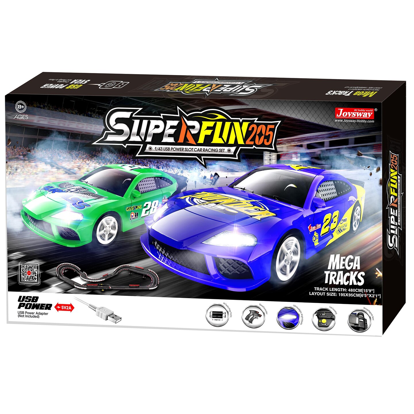 Joysway: SuperFun 205 - 1/43 USB Power Slot Car Racing Set, Layout Size: 77&#x22;x37&#x22;, LED Headlights, Lap Counter, Ages 8+