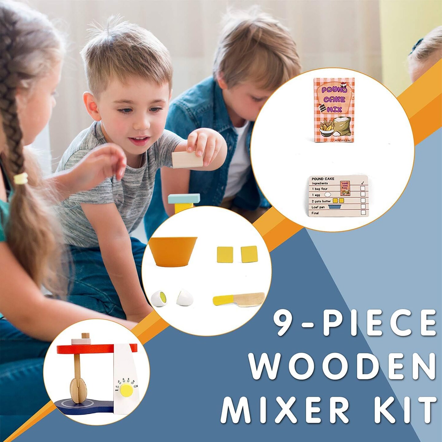 LEO &#x26; FRIENDS: Wooden Mixer Set - 9pc Make-A-Cake Set, Realistic Spinning Kitchen Appliance Toy &#x26; Accessories, Food &#x26; Baking Pretend Play, Kids Age 3+