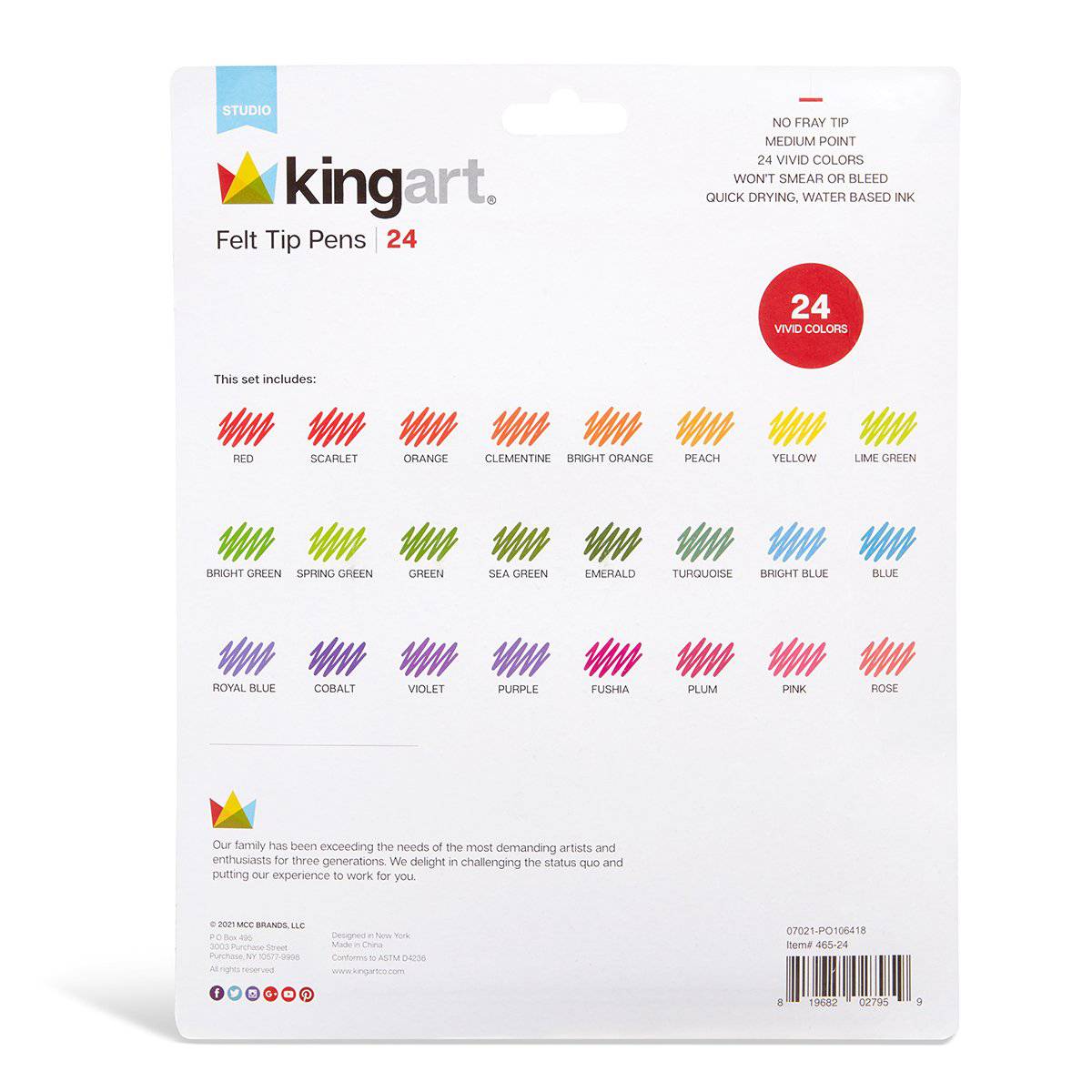 KINGART&#xAE; Felt Tip Pens, Medium Point, Set 24 Unique Bright Colors