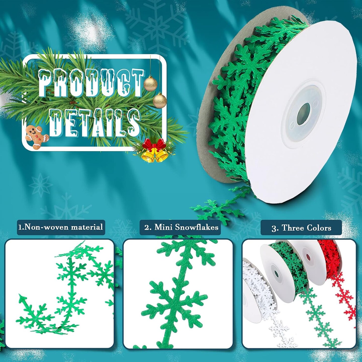 3 Rolls 16.5 Yard Christmas Sewing Trim Embellishment Lace Ribbon Snowflake Lace Trim White Red Green Ribbons Vintage Lace Fabric Snowflake Wrapping Ribbon for Holiday Decor DIY Sewing Craft Supply