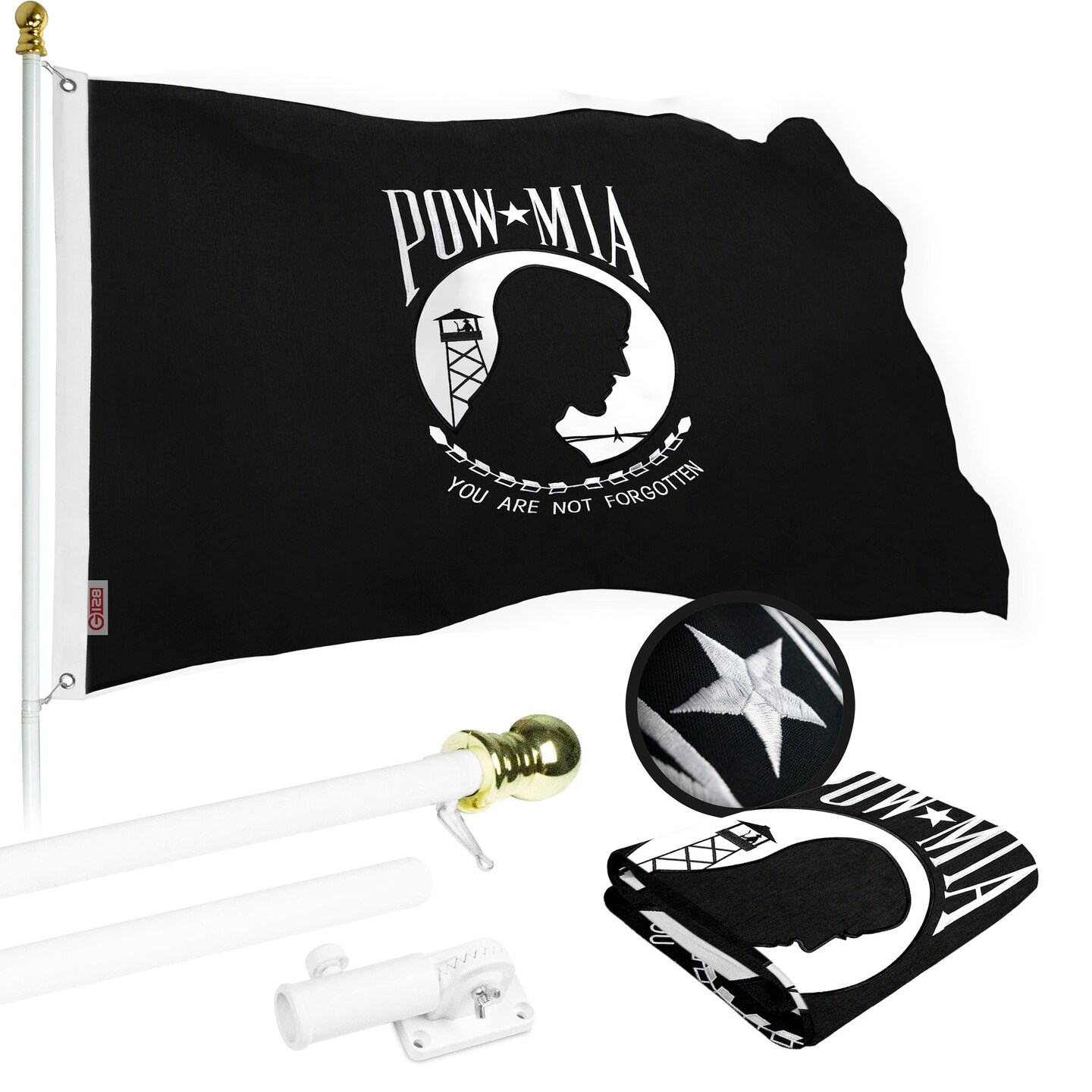 G128 Flag Pole 6 FT White Tangle Free &#x26; POW MIA Flag Emb 3x5 FT Combo Embroidered Spun Polyester