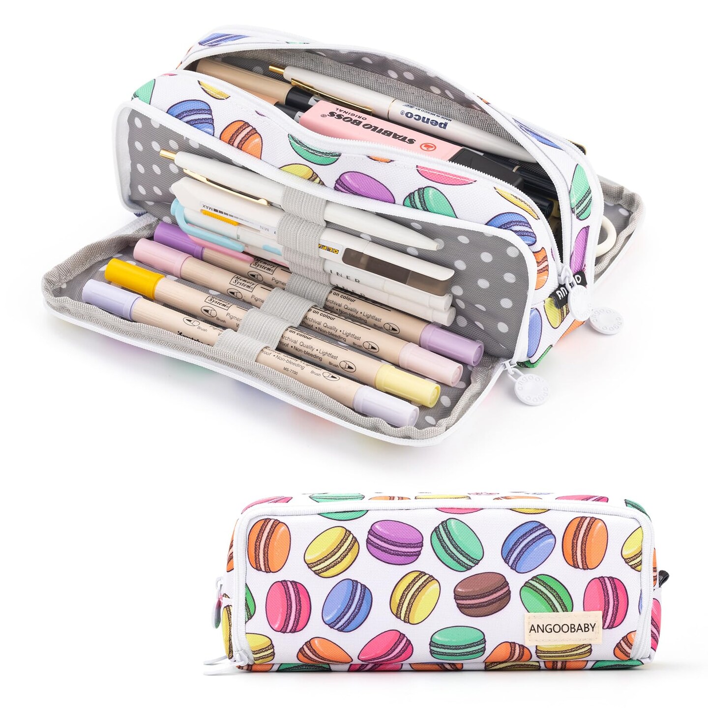 ANGOOBABY Large Pencil Case Big Capacity 3 Compartments Canvas Pencil Pouch for Teen Boys Girls School Students (White Macaron)