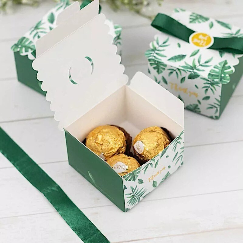 25 Green Monstera Leaf Print Favor Gift Boxes Satin Ribbon Bow Party Decorations