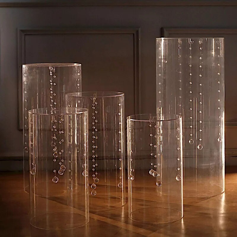 5 Acrylic Clear Cylinder Stands Display Boxes Pedestal Riser Columns Party Event