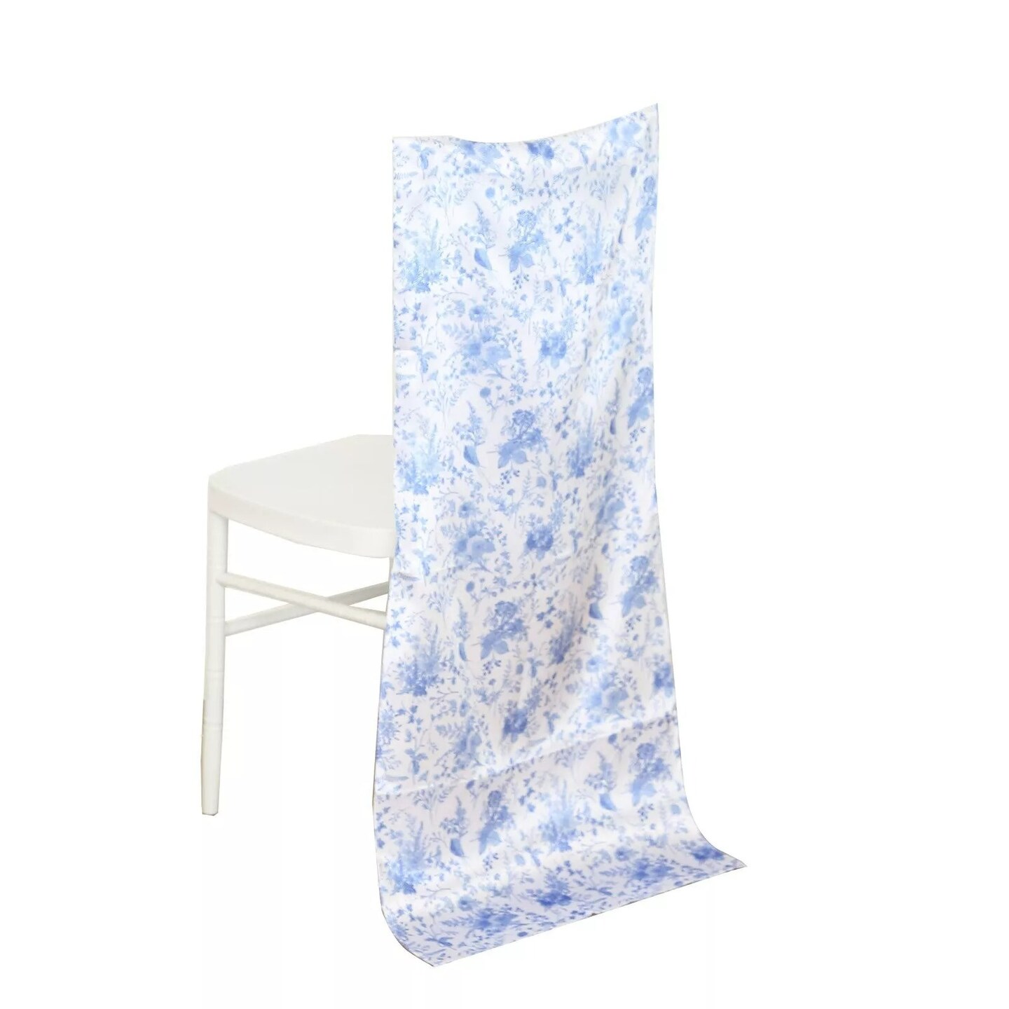 White Blue Floral Print Satin Chiavari Chair Back Slipcover Party Decorations