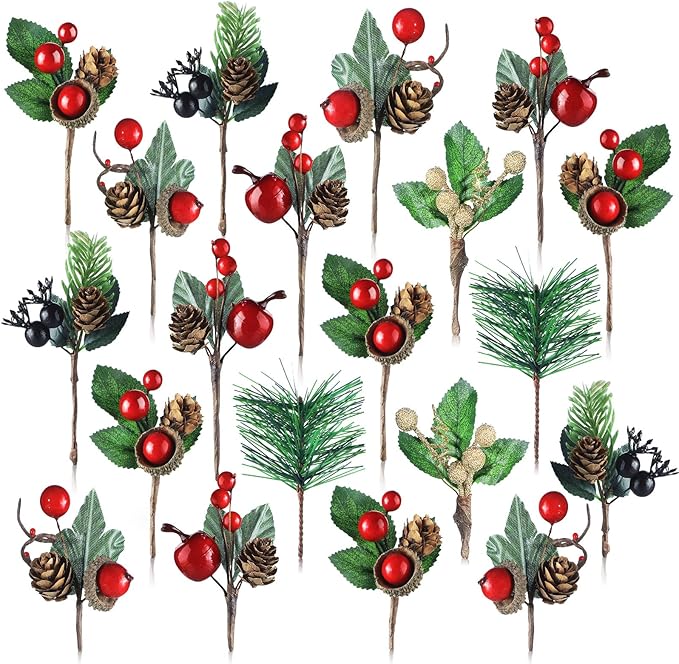 Picks Pine Cones Holly Berries Flower Stem Needles Branches Fake Greenery Floral Picks for Xmas Tree Crafts Party Festive Home Decor