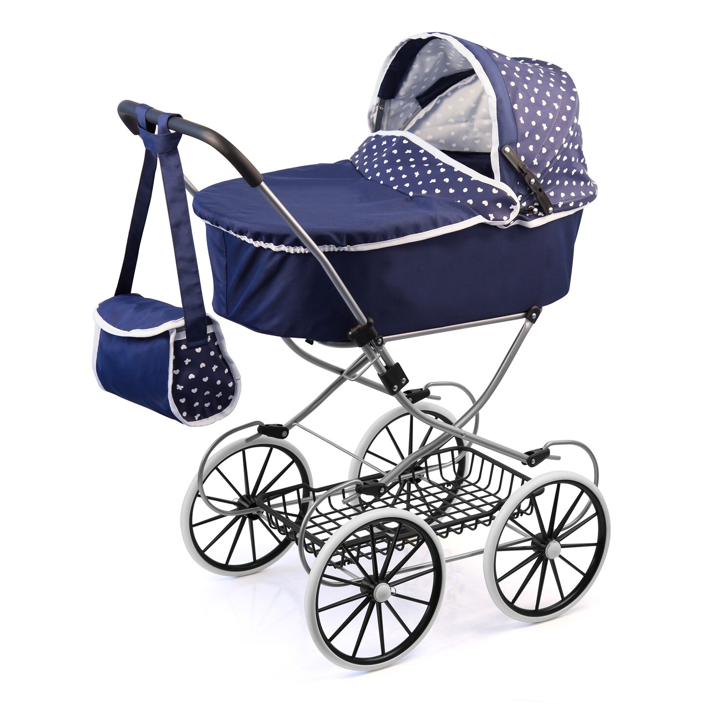 Bayer Design Dolls: Classic Deluxe Pram - Blue &#x26;White - Includes Shoulder Bag, Kids Pretend Play, Fits Dolls Up To 18&#x22;, Shopping Basket, Easy To Fold, Accessory For Plush Toys Stuffed Animals &#x26; Dolls
