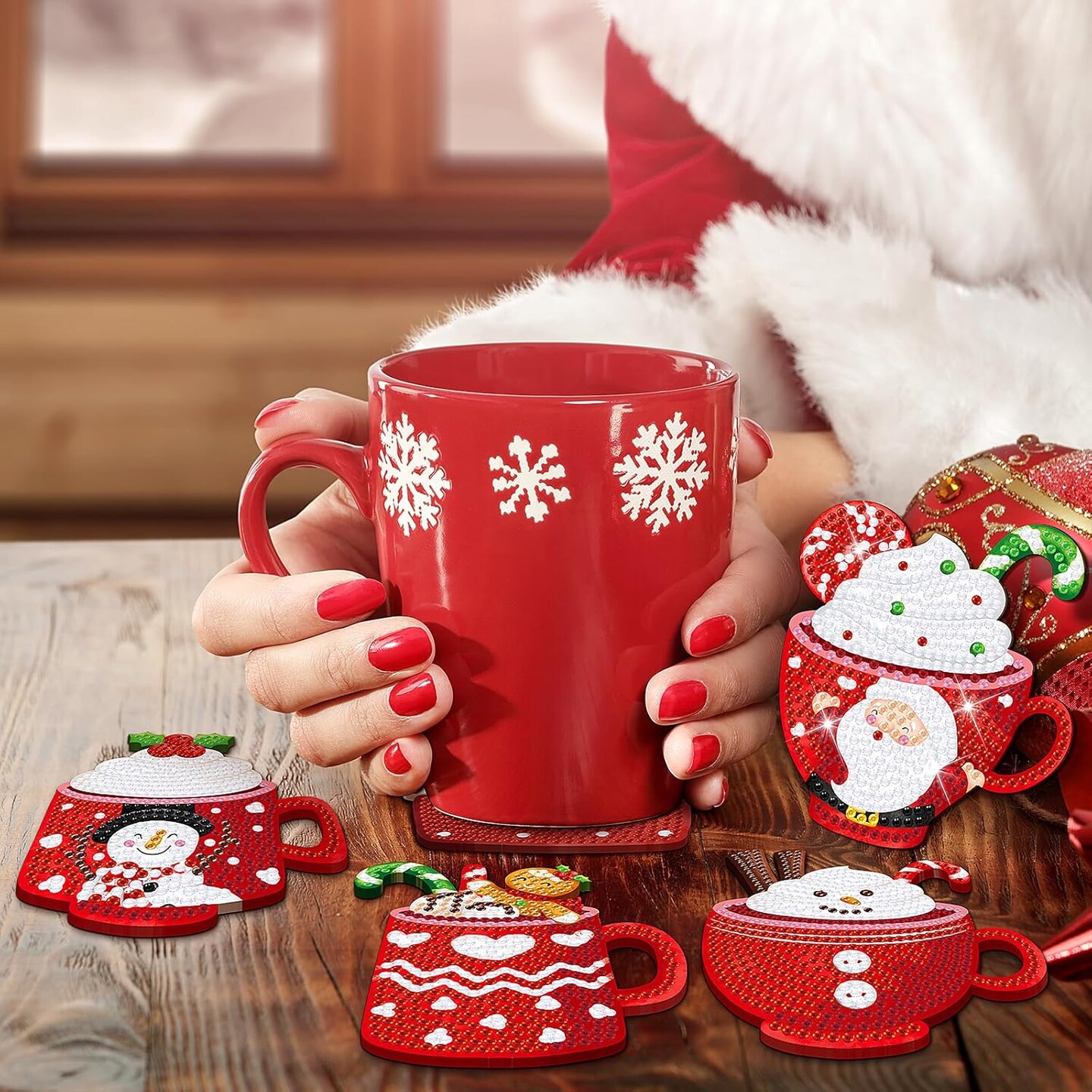 8 PCS Christmas Diamond Art Coasters Christmas Hot Cocoa Diamond Art Coasters Kits with Holder Santa Claus Snowman DIY Coasters for Beginners, Adults, Kids, Diamond Art Crafts Supplies