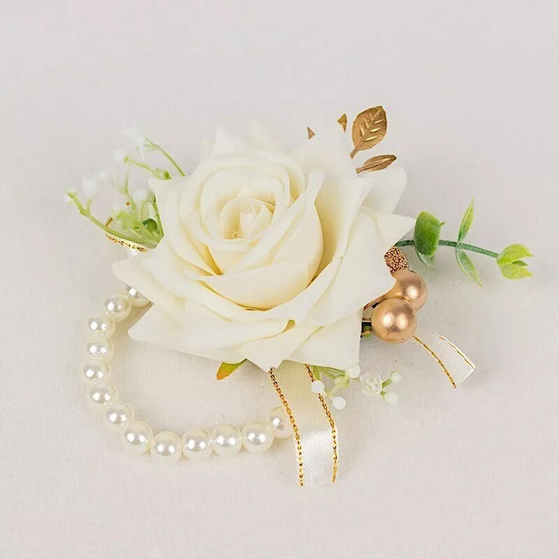 White 2 Silk Rose 4&#x22; Wrist Corsages with Pearls Artificial Flowers Wedding