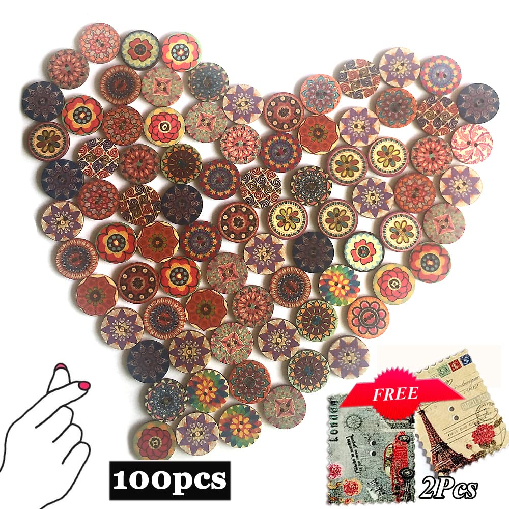 Buttons for sewing, 100pcs 1 inch buttons large wood buttons for crafts Mixed big Wooden Vintage assorted buttons 2 Holes Round Decorative Wood Craft Buttons 25mm (colorful buttons)