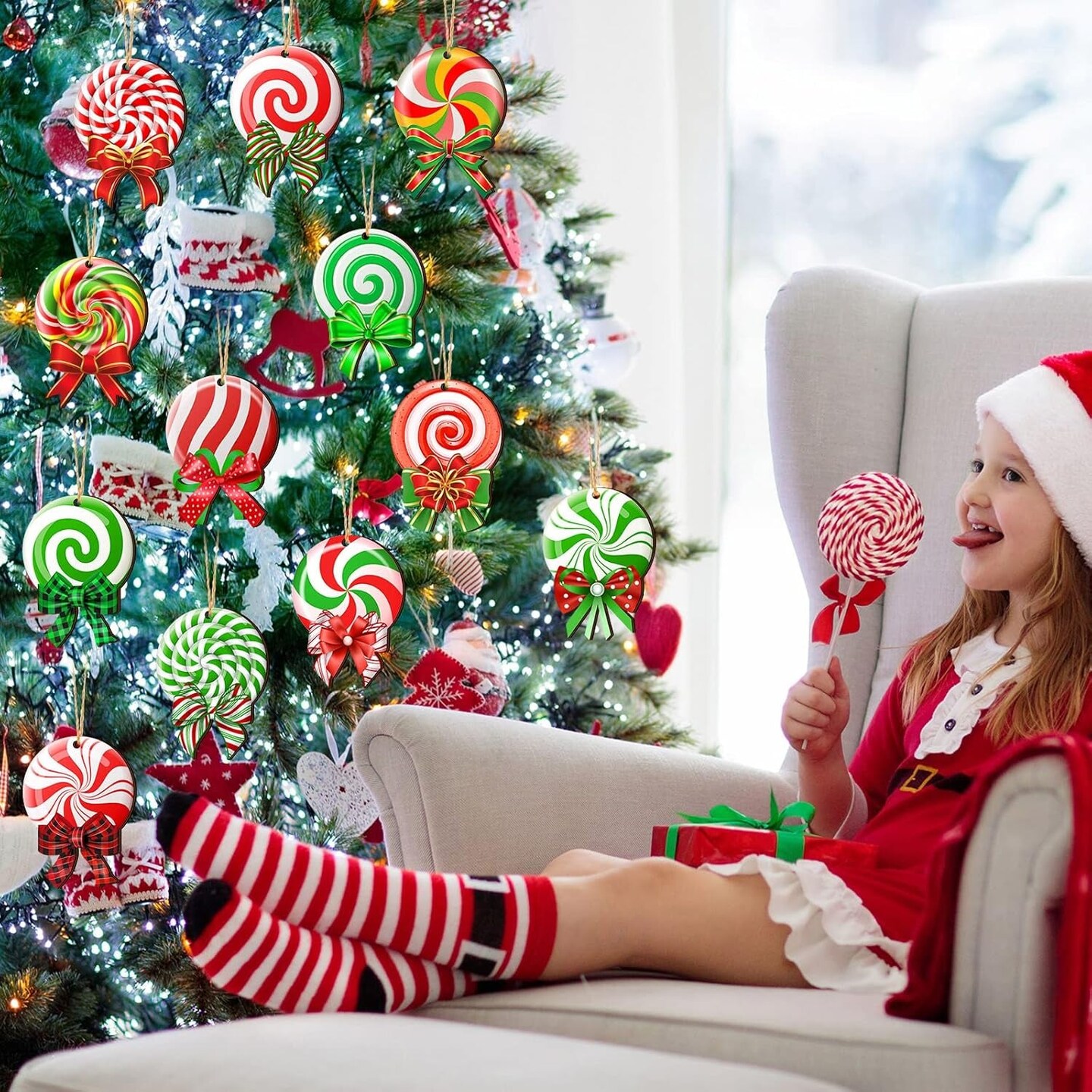 36 Pcs Peppermint Christmas Tree Ornaments Colorful Peppermint Wood Ornaments Lollipop Candy Christmas Ornaments Hanging Peppermint Tree Decorations with Ropes for Candy Party Xmas Tree (Classic)