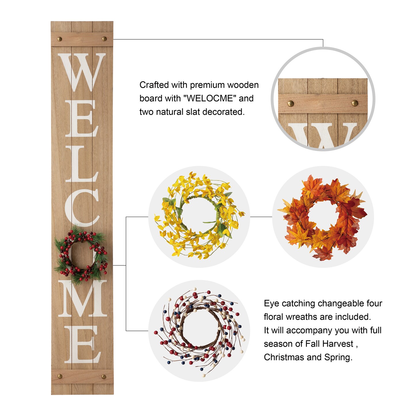 60&#x22;H Wooden Fall Christmas Welcome Porch Sign with 4 Floral Wreaths