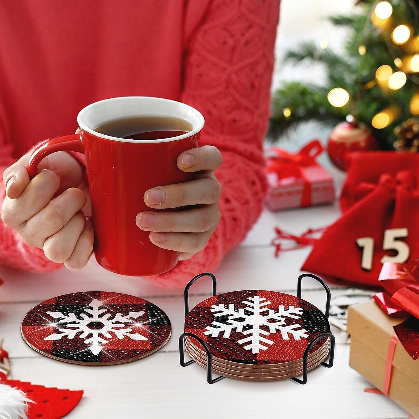 8 Pcs Christmas Snowflake Diamond Art Coasters Kit with Holder Red and Black Plaid Snowflake Diamond Art Coasters for Adults Diamond Art Kit Supplies for Xmas Holiday Presents