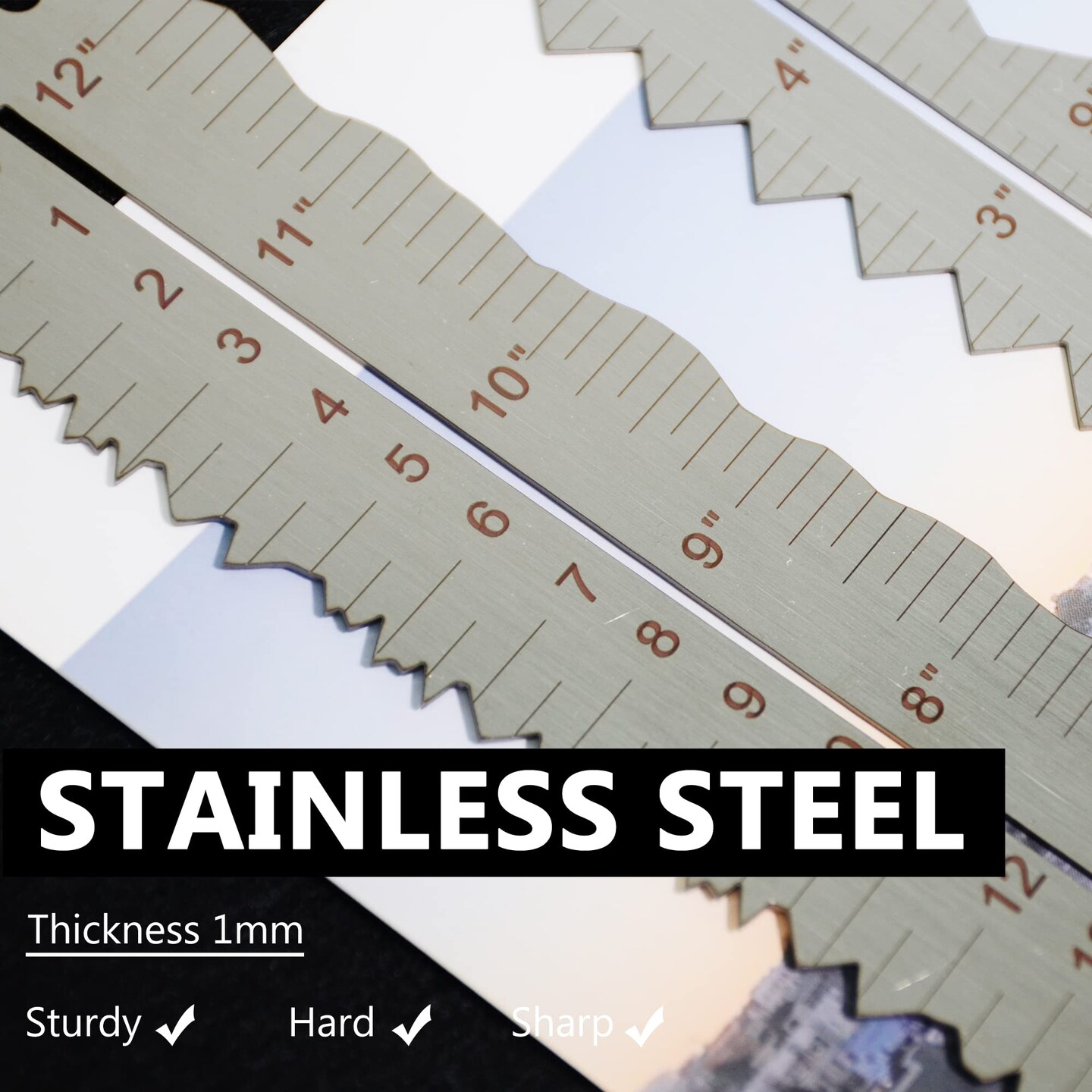 UPTTHOW 3PCS Stainless Steel Metal Paper Tearing Ruler Craft Ruler for Cutting Paper to Wavy Line Jagged and Irregular Edges 12&#x27;&#x27; Measuring Tool for Engineering School Office Architect and Drawing