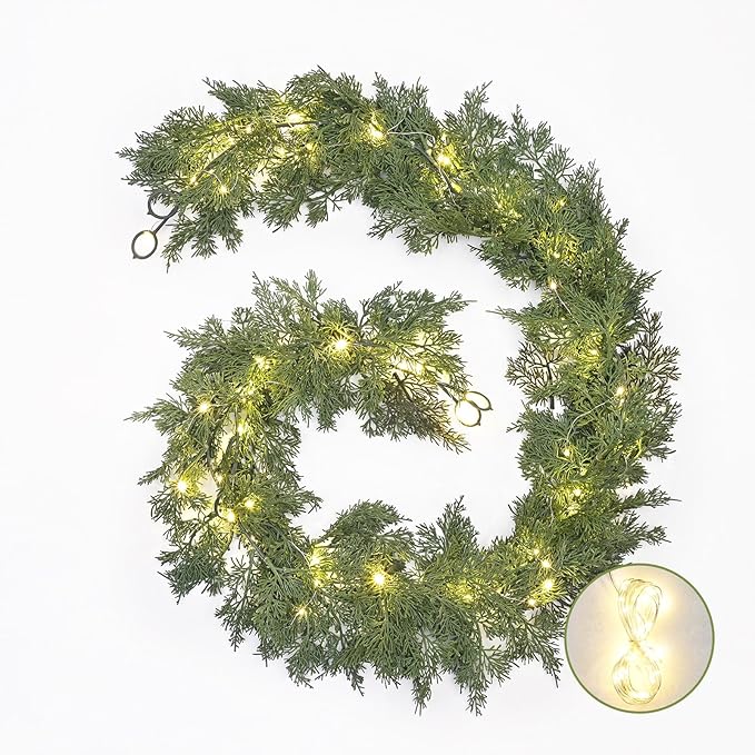 2 Pack 5.7 Ft Christmas Cedar Garland - Christmas Garland with 40 Led Lights Strings, Garlands for Decoration Christmas, Pine Garland for Winter Table Mantle Wall Room Outdoor Indoor Decor