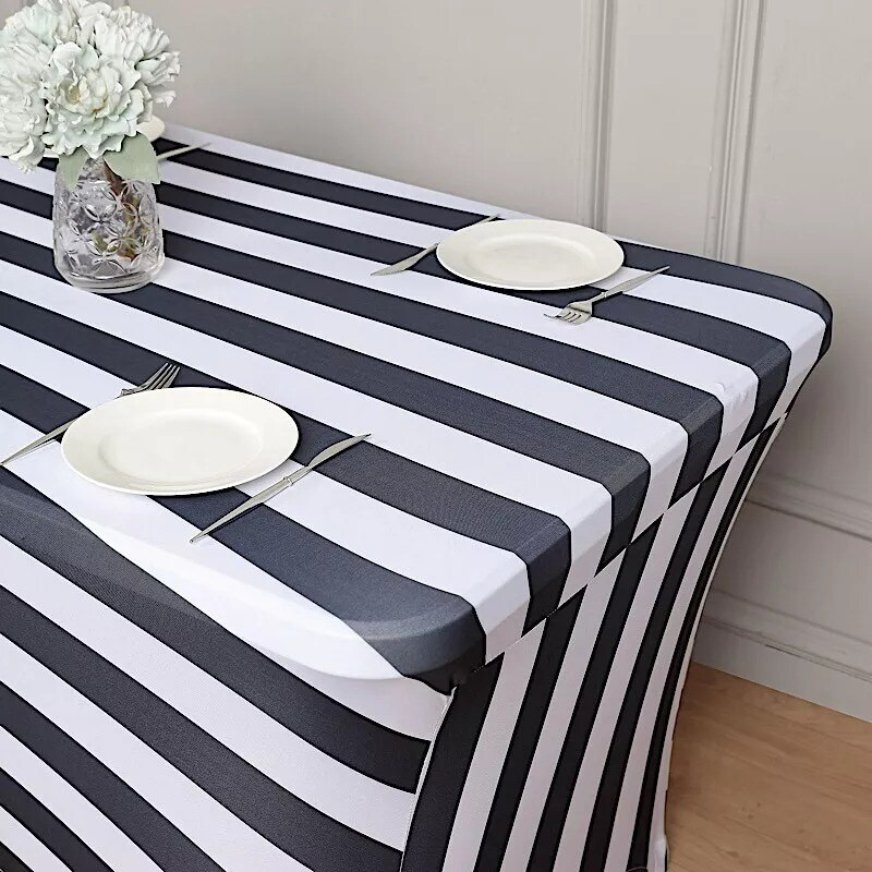 8 ft Black White Fitted Premium Spandex Tablecloth Striped Table Cover Party