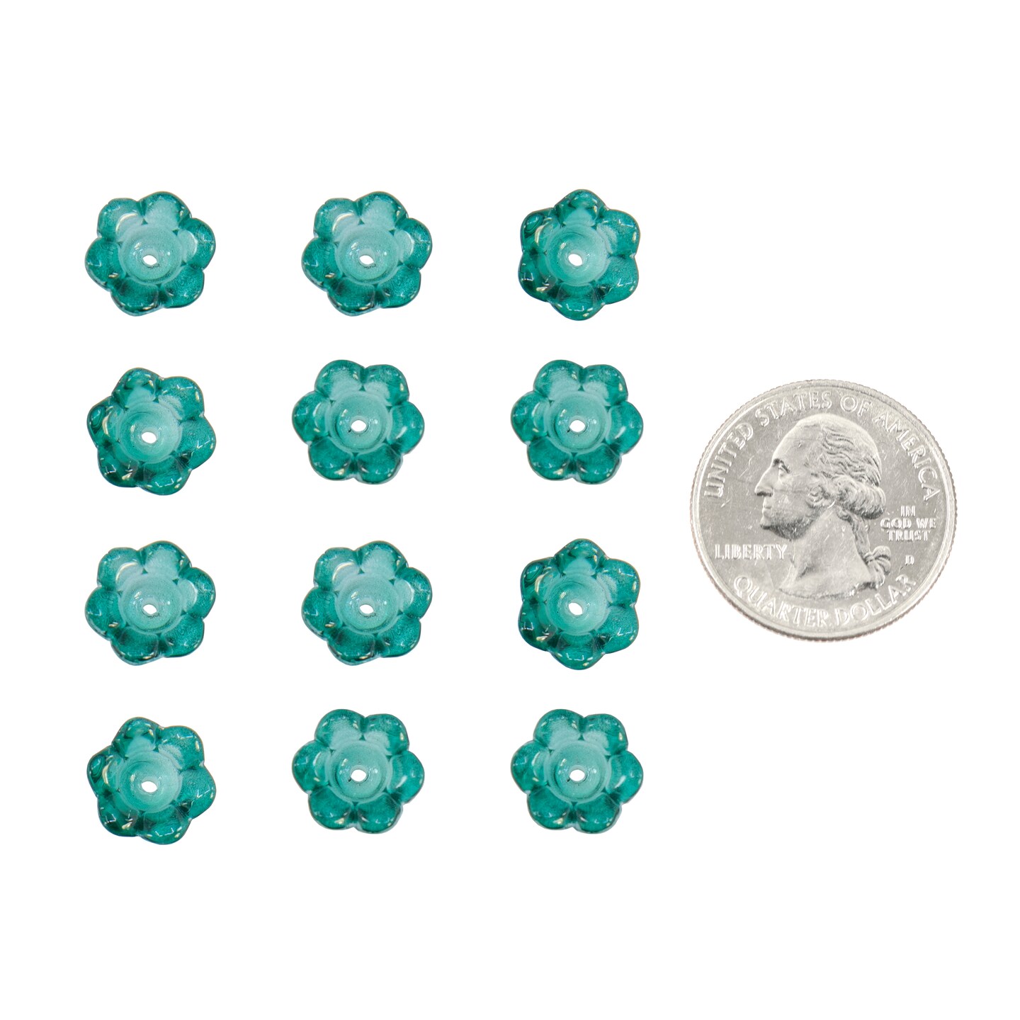 12x8mm Larger Teal Full Flowers Beads Center Hole in Bright Teal, 12 beads - GB-FB28