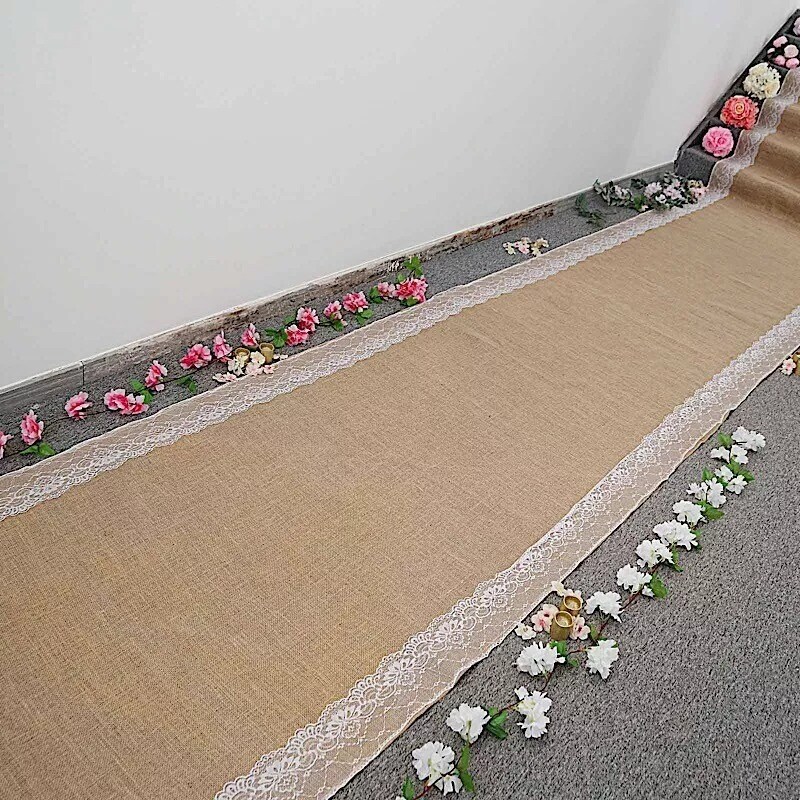 30 ft Natural Brown BURLAP AISLE RUNNER White Floral Lace Ceremony Decorations