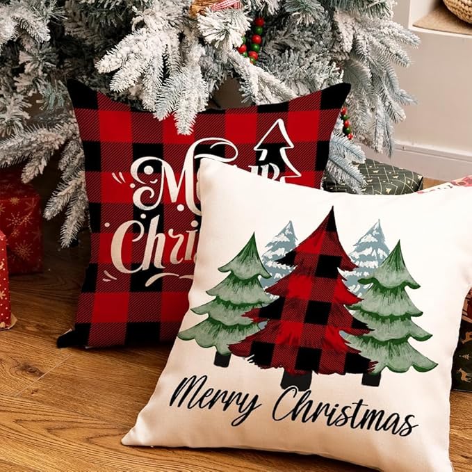 Merry Christmas Throw Pillow Covers 18x18 Inch Set of 4, Xmas Trees Truck Buffalo Plaid Believe Farmhouse Decorative Cushion Cases for Home Decoration G421-18