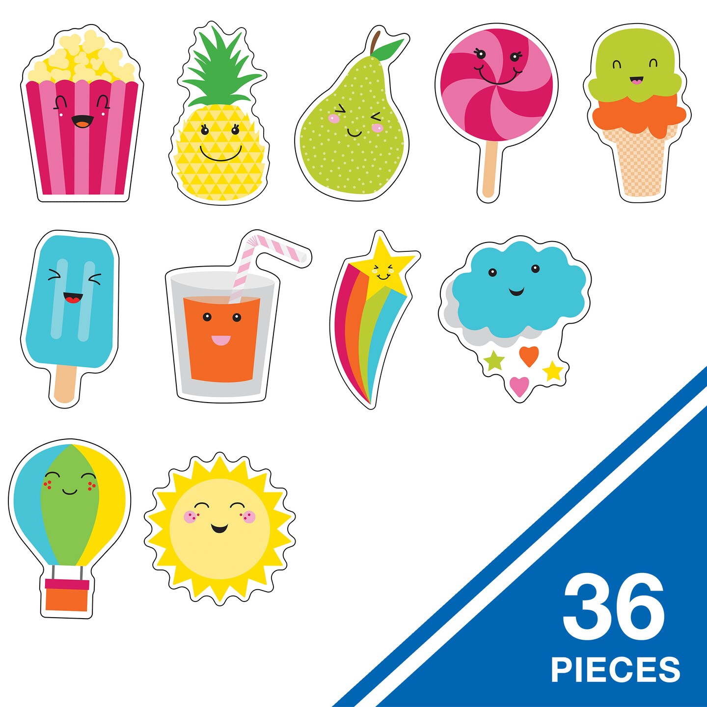 Carson Dellosa School Pop 36-Piece Summer Bulletin Board Decorations, Hot Air Balloon, Popcorn, Popsicles, Fruit, Ice cream, Sun, and Star Cutouts for Tropical Party, Posterboard, and Classroom Decor