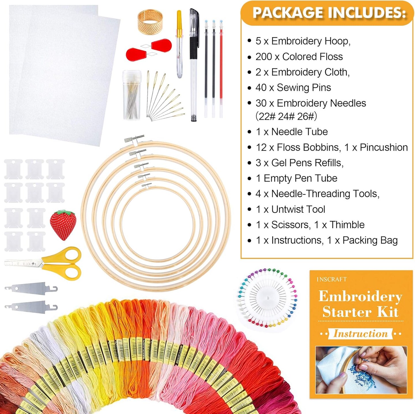 304 Pack Embroidery Kit, Cross Stitch Tools Set 200 Colors Threads(Multicolor)